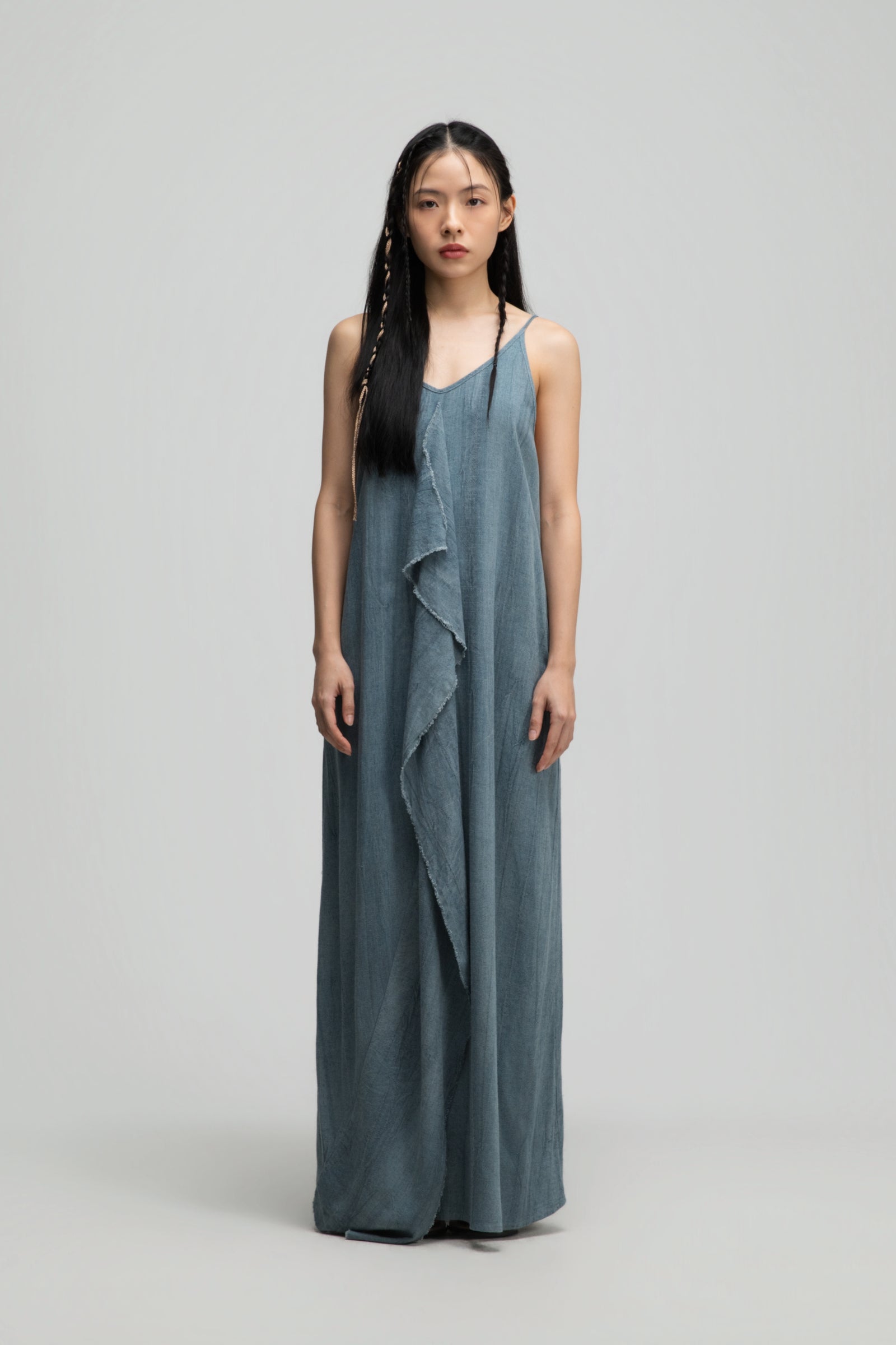 Front Drape Raw Hemp Cami Dress (Tie Dye Teal)