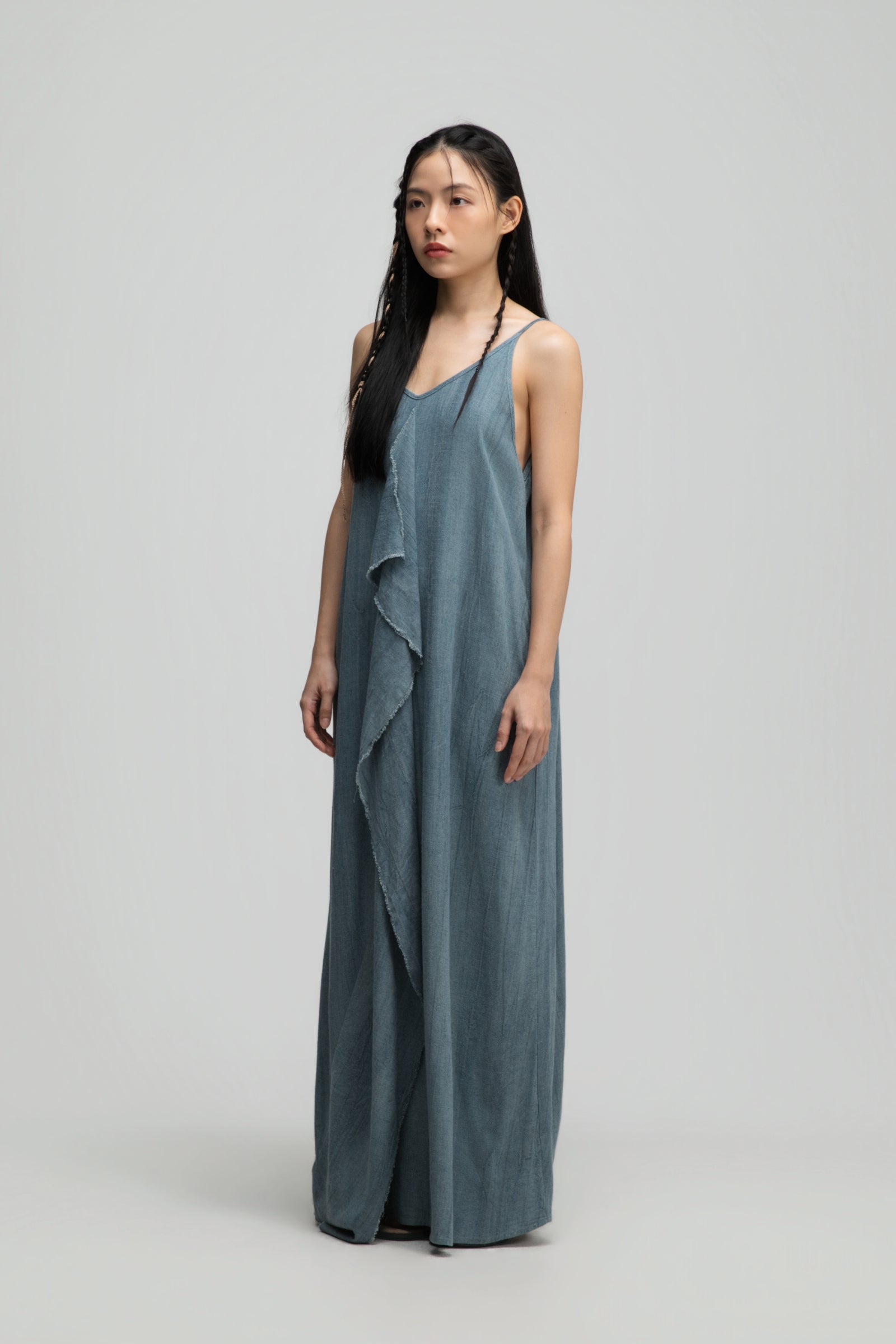 Front Drape Raw Hemp Cami Dress (Tie Dye Teal)
