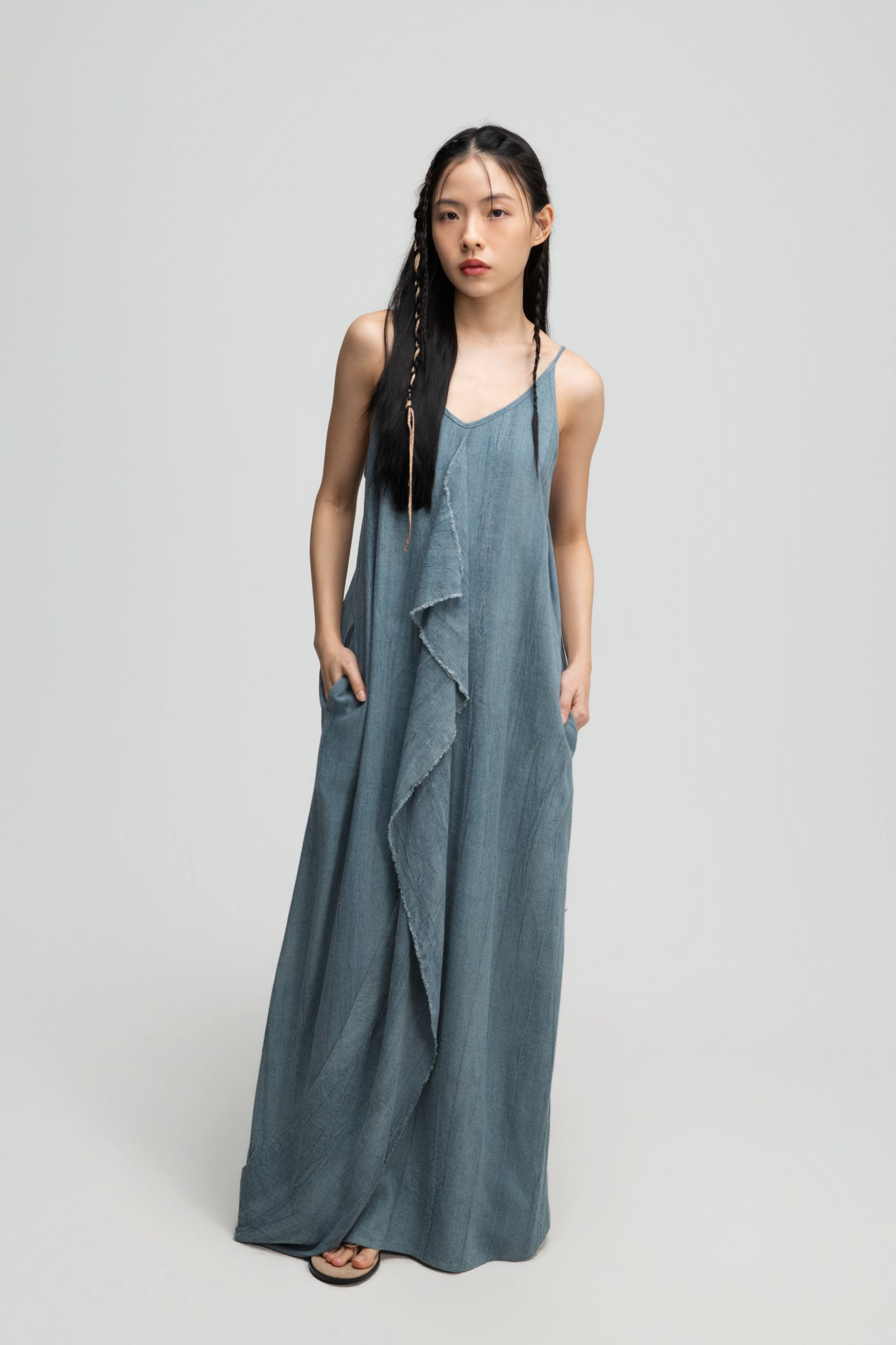 Front Drape Raw Hemp Cami Dress (Tie Dye Teal)