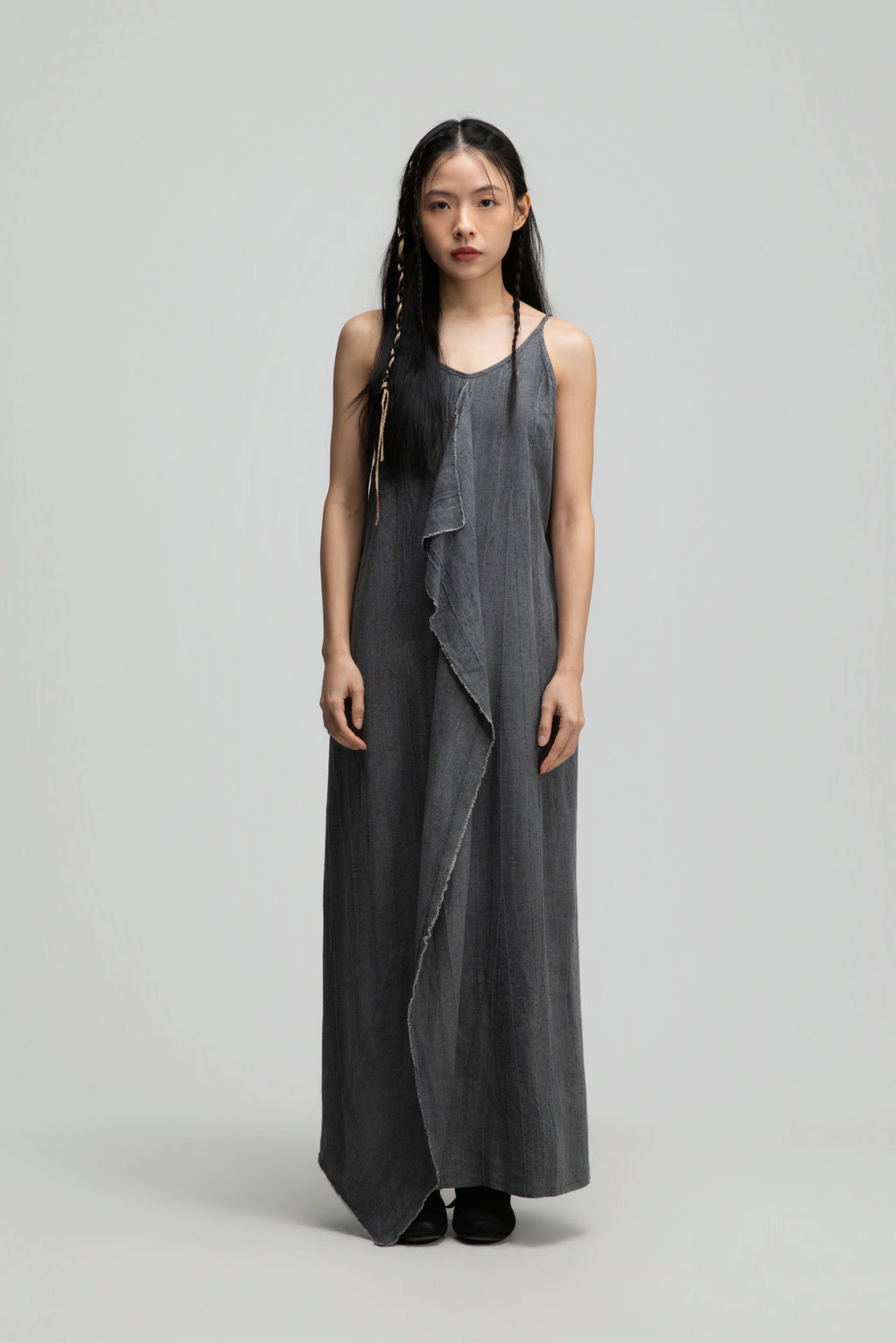 Front Drape Raw Hem Cami Dress (Tie Dye Grey)