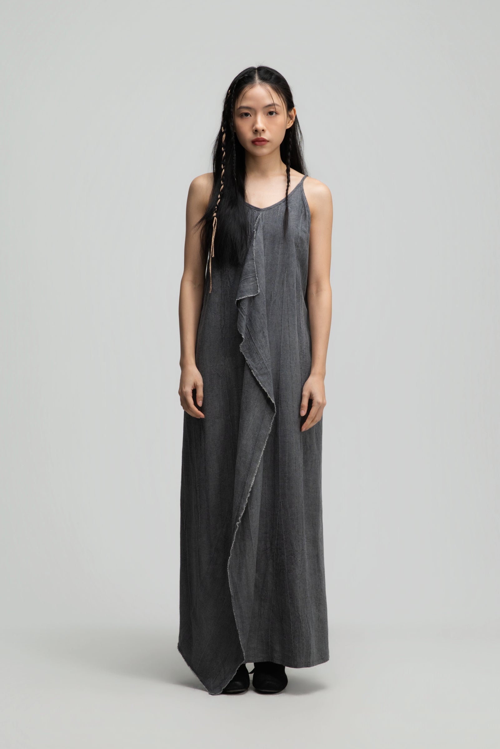 Front Drape Raw Hemp Cami Dress (Tie Dye Grey)