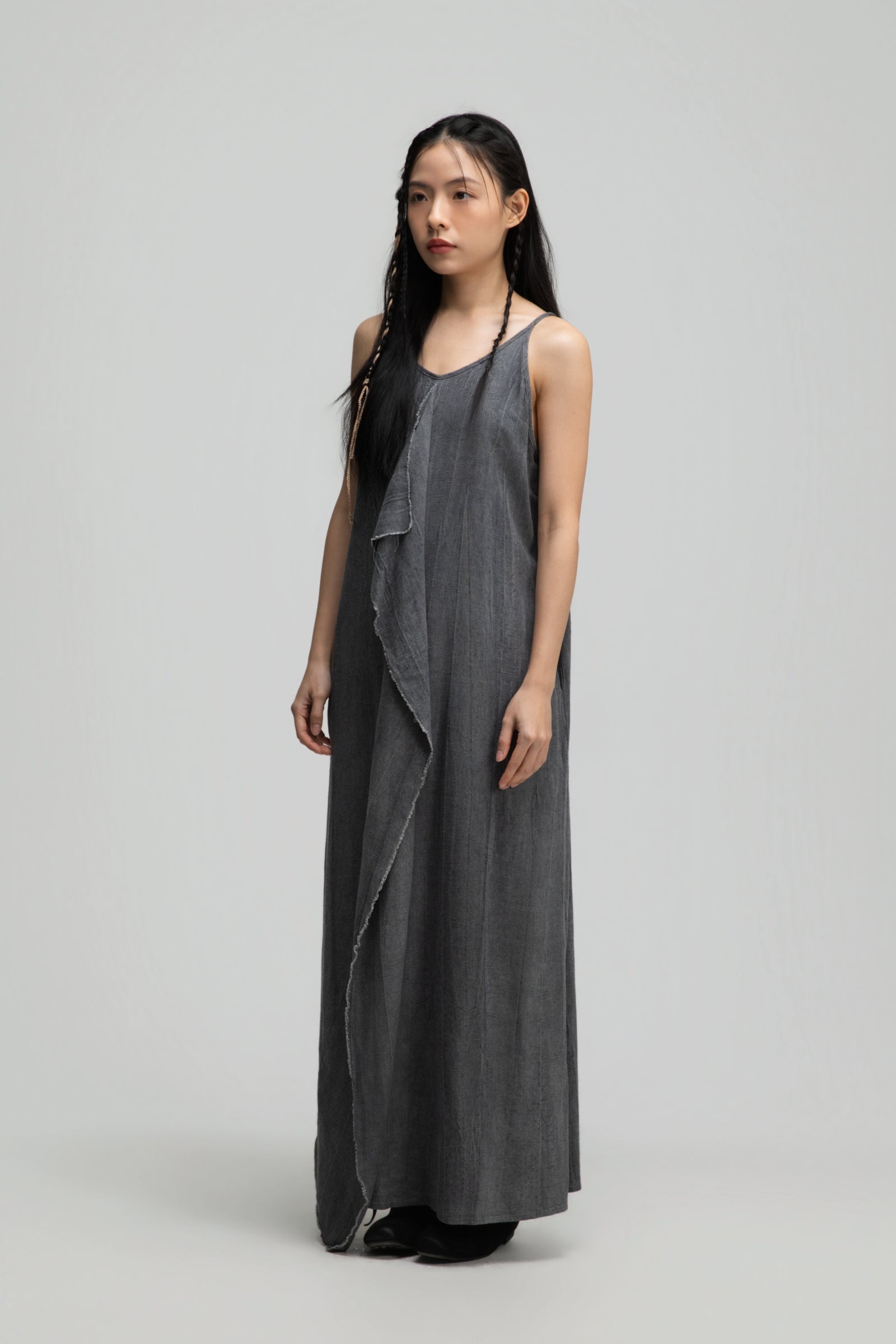 Front Drape Raw Hemp Cami Dress (Tie Dye Grey)