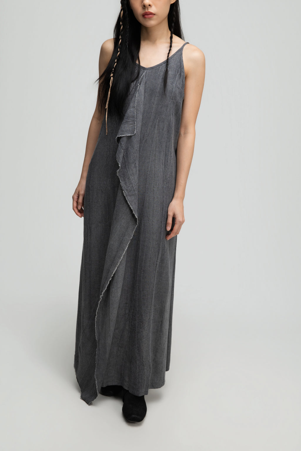 Front Drape Raw Hem Cami Dress (Tie Dye Grey)