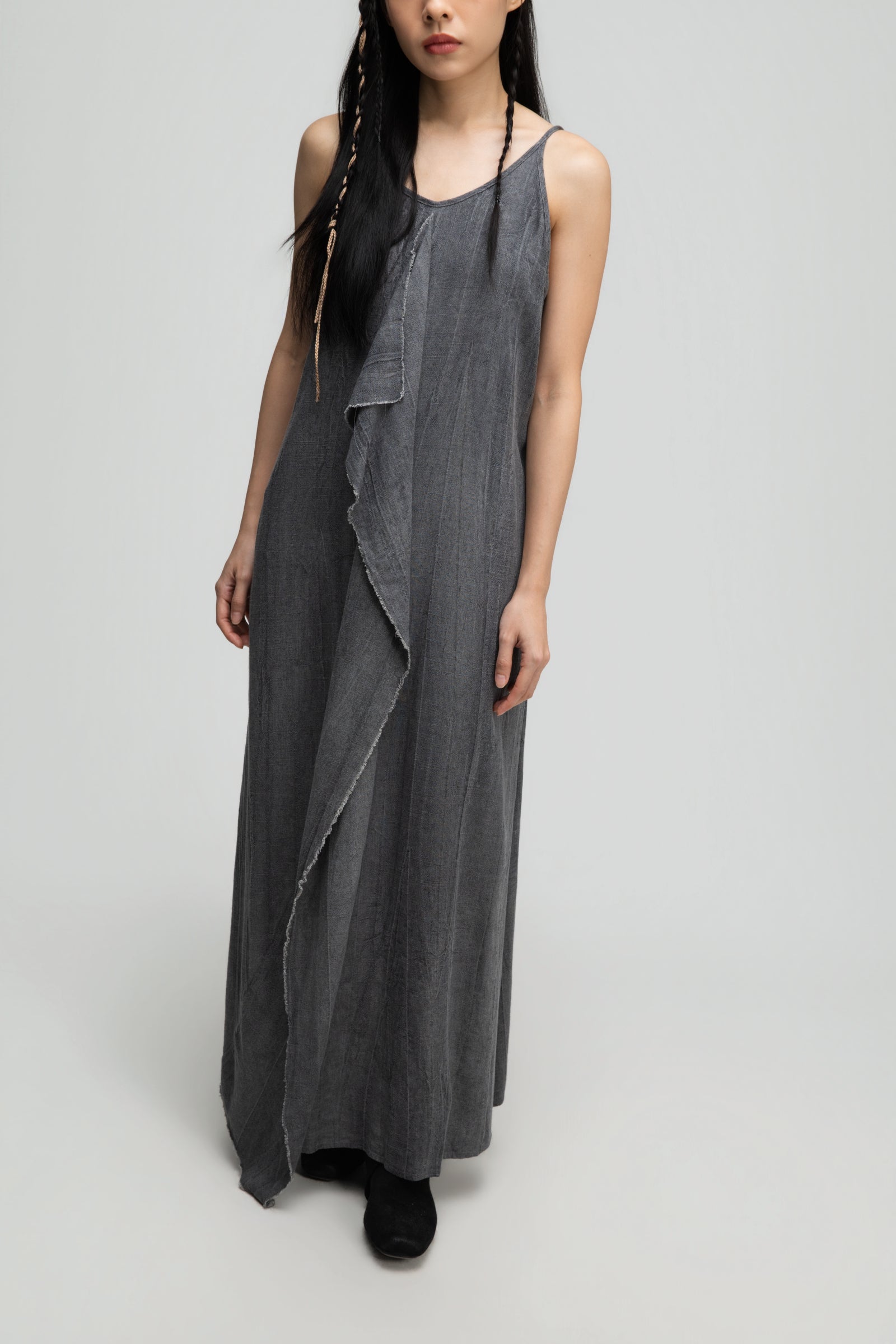 Front Drape Raw Hemp Cami Dress (Tie Dye Grey)