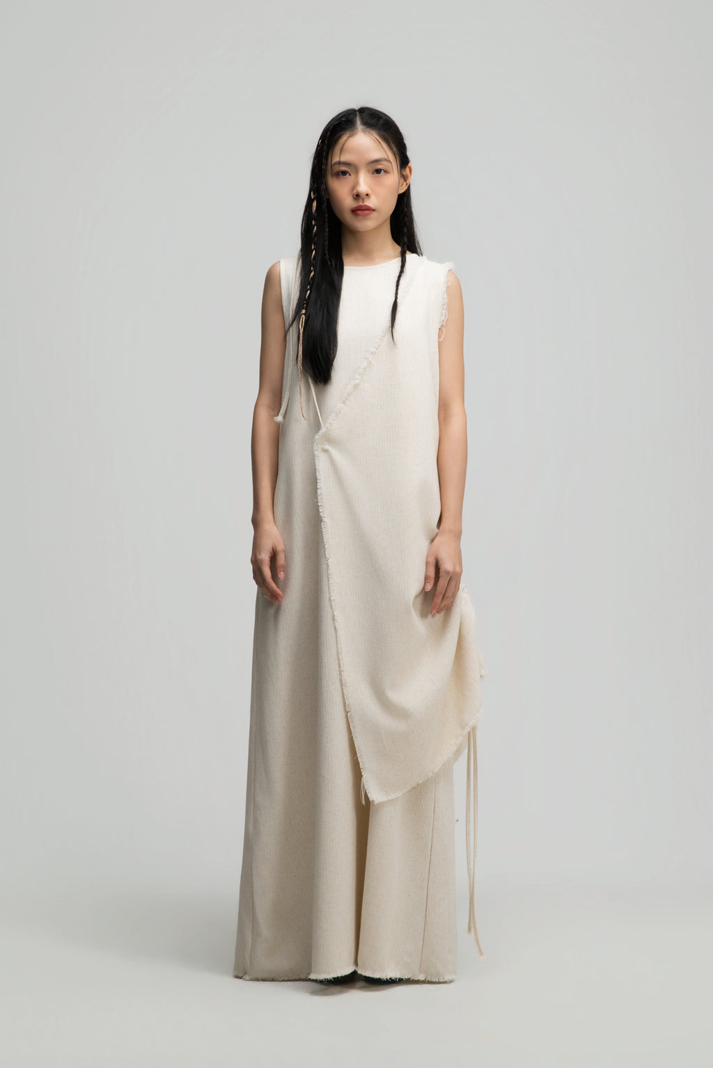 Raw Hem Skewed Layer Maxi Dress (Off White)