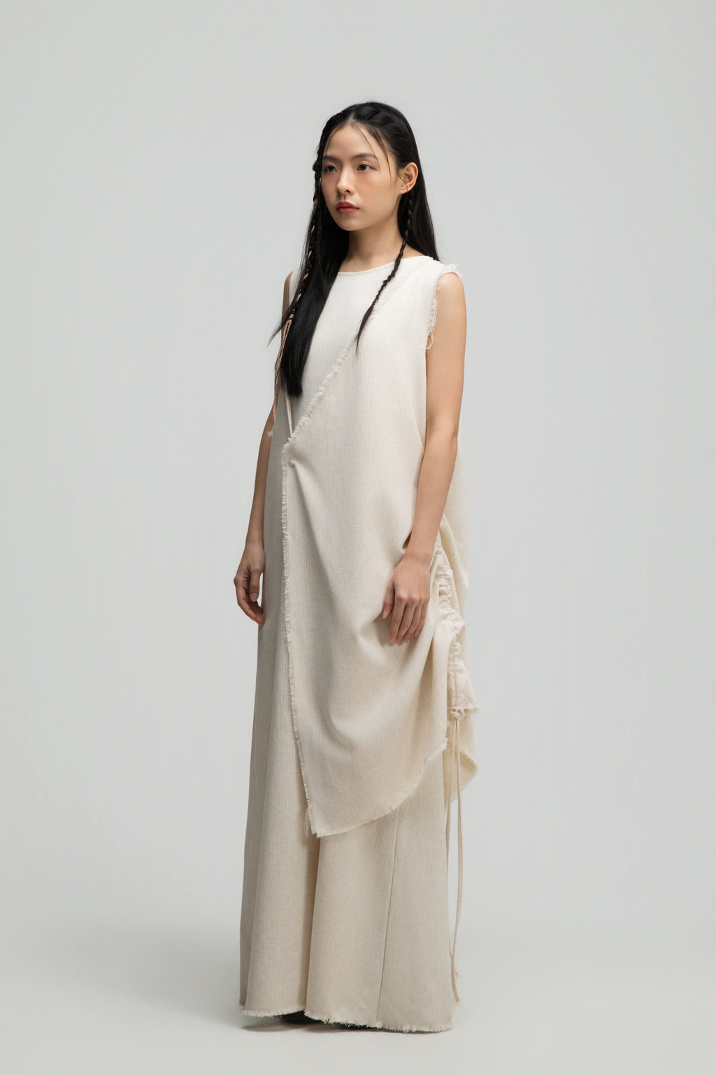 Raw Hem Skewed Layer Maxi Dress (Off White)