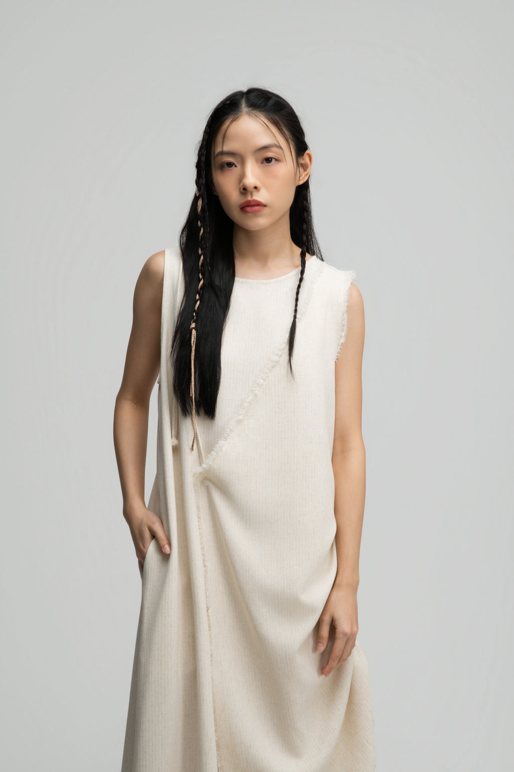 Raw Hem Skewed Layer Maxi Dress (Off White)