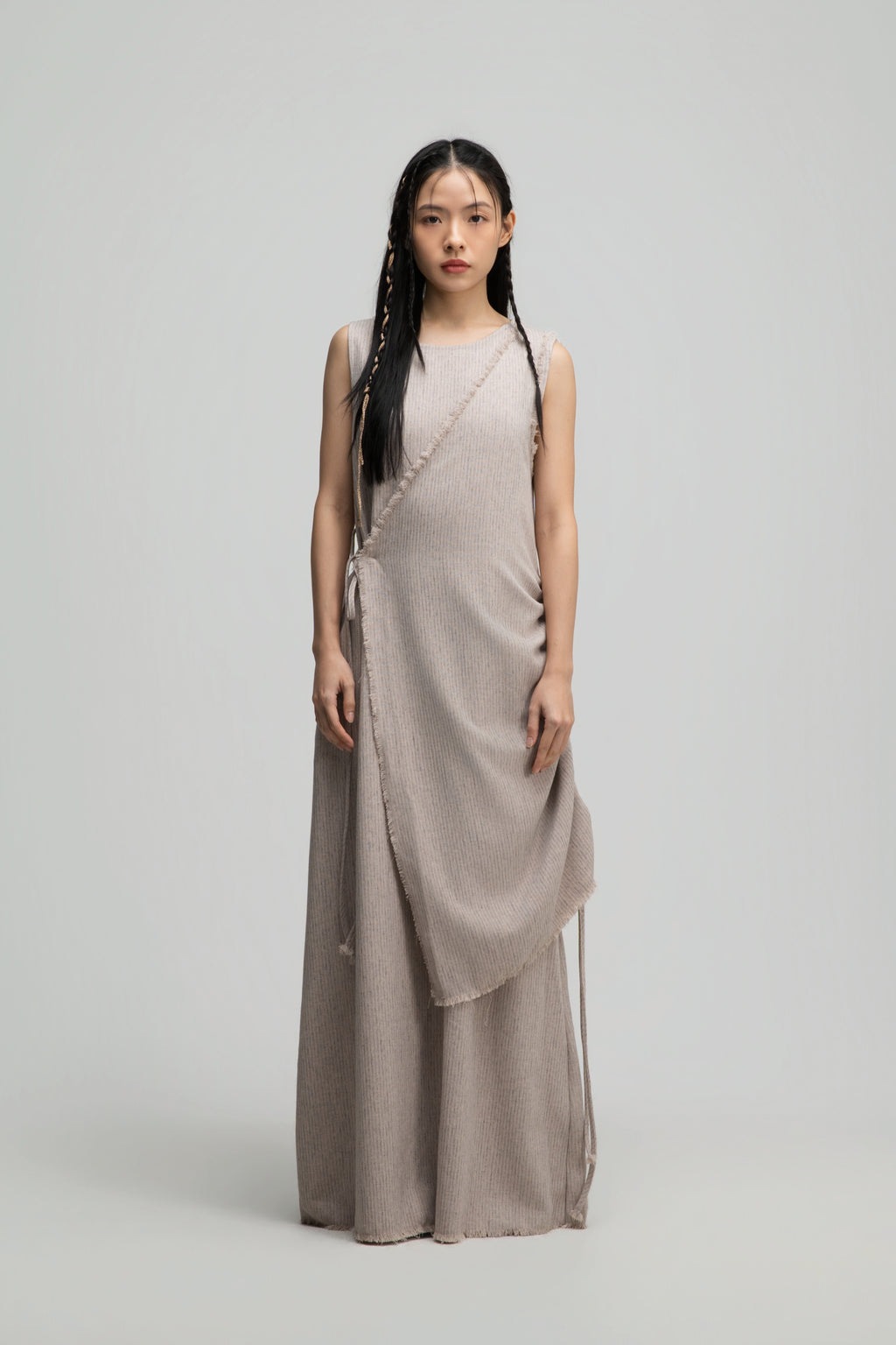 Raw Hem Skewed Layer Maxi Dress (Dark Beige)