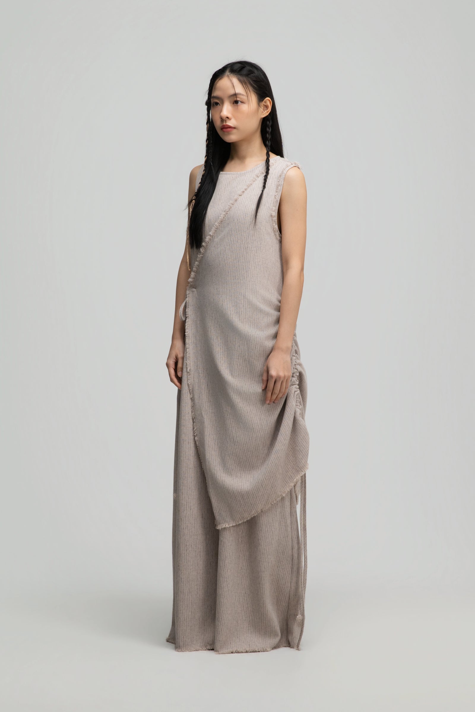 Raw Hem Skewed Layer Maxi Dress (Dark Beige)