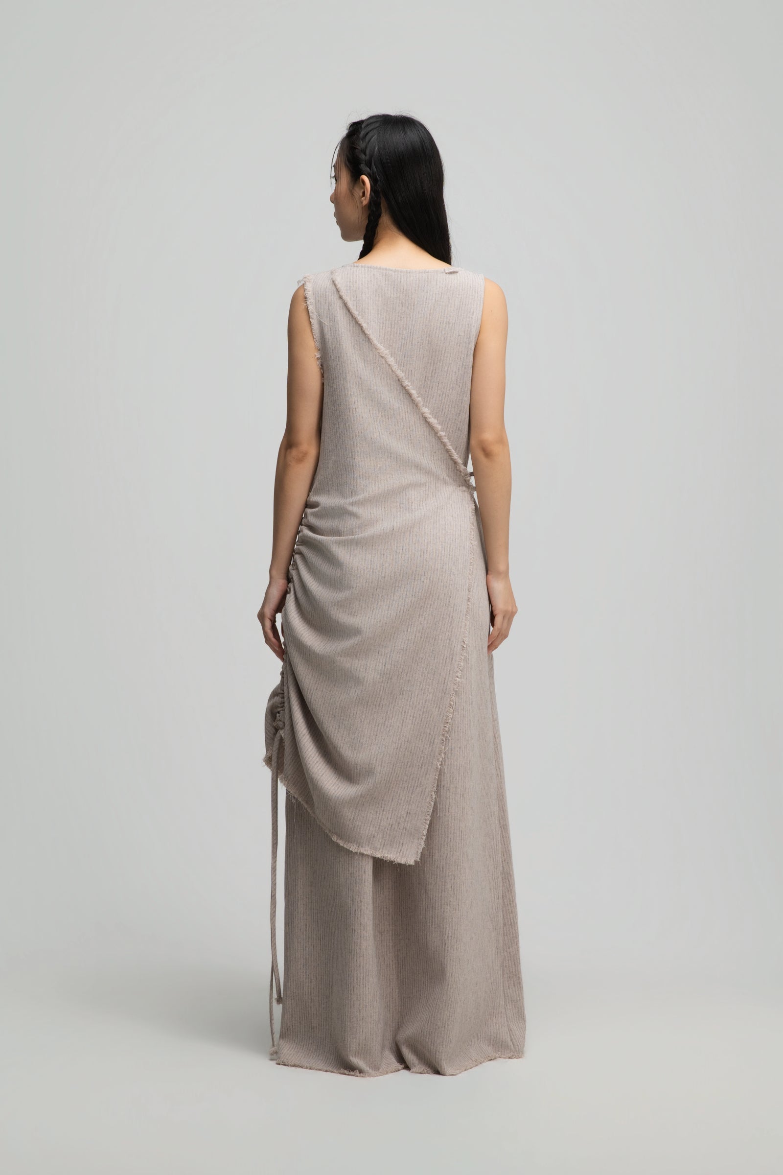 Raw Hem Skewed Layer Maxi Dress (Dark Beige)