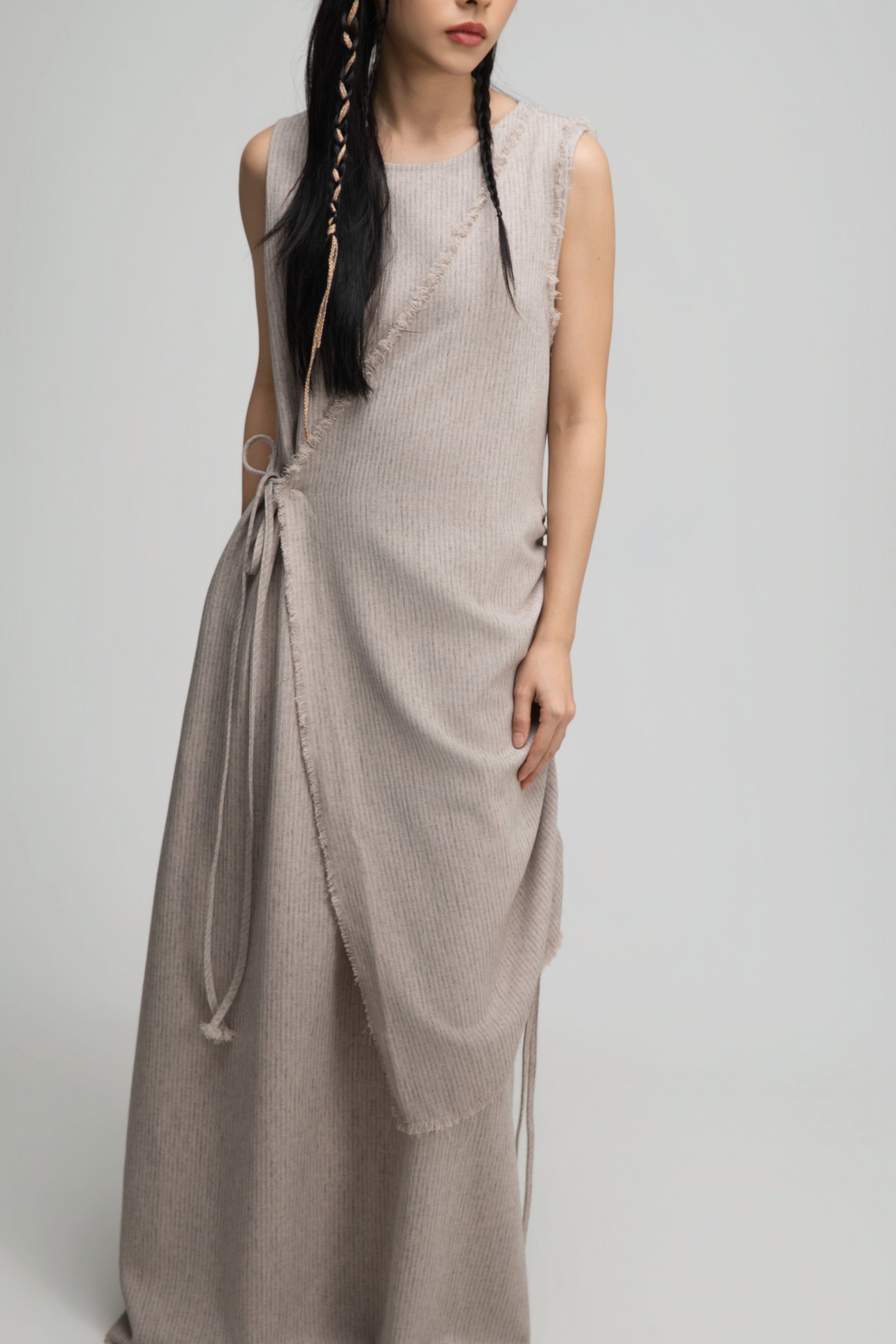 Raw Hem Skewed Layer Maxi Dress (Dark Beige)