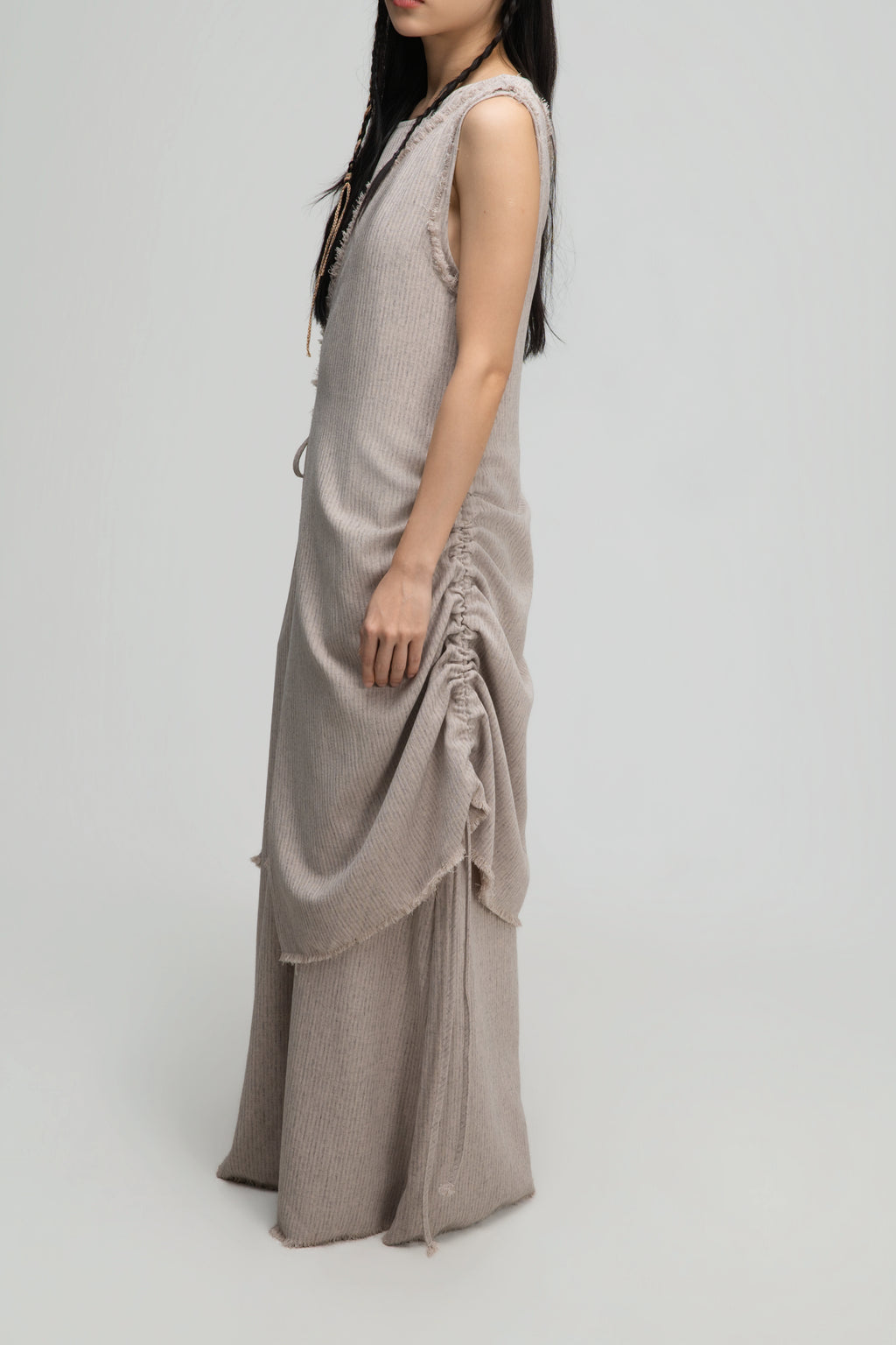 Raw Hem Skewed Layer Maxi Dress (Dark Beige)