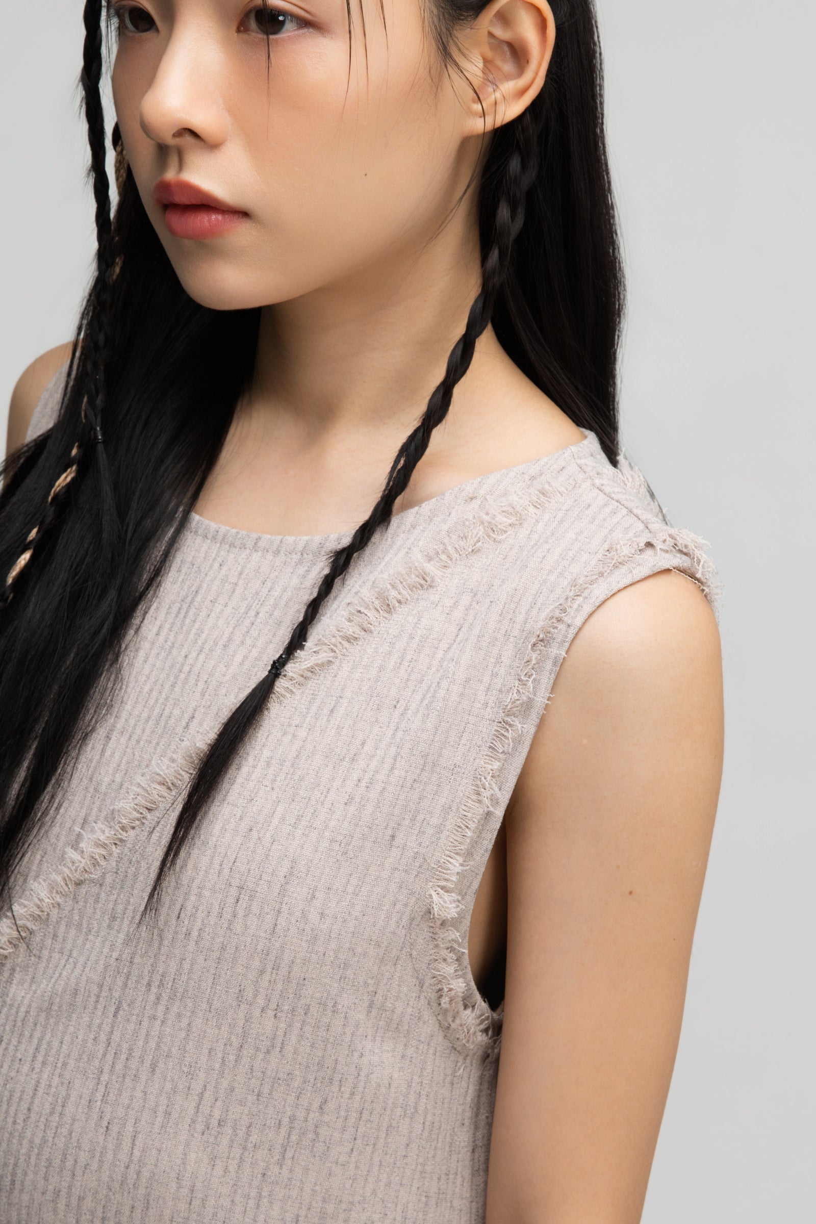 Raw Hem Skewed Layer Maxi Dress (Dark Beige)