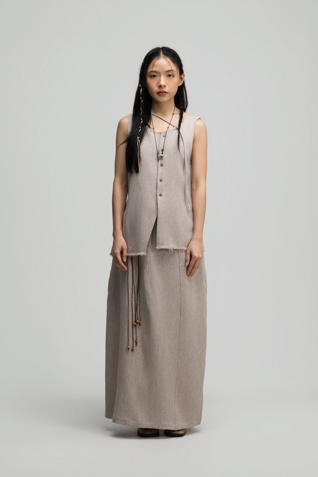 Raw Hem Skewed Button-Up Tank Top (Dark Beige)