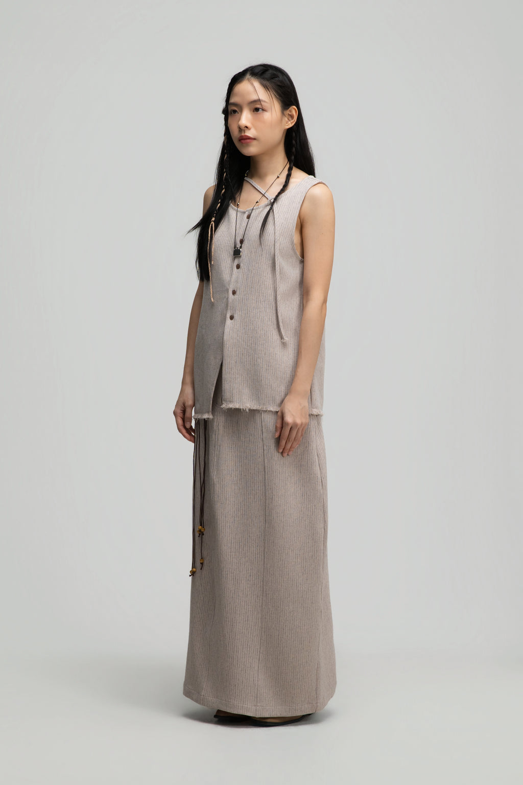 Raw Hem Skewed Button-Up Tank Top (Dark Beige)