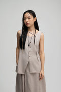 Raw Hem Skewed Button-Up Tank Top (Dark Beige)