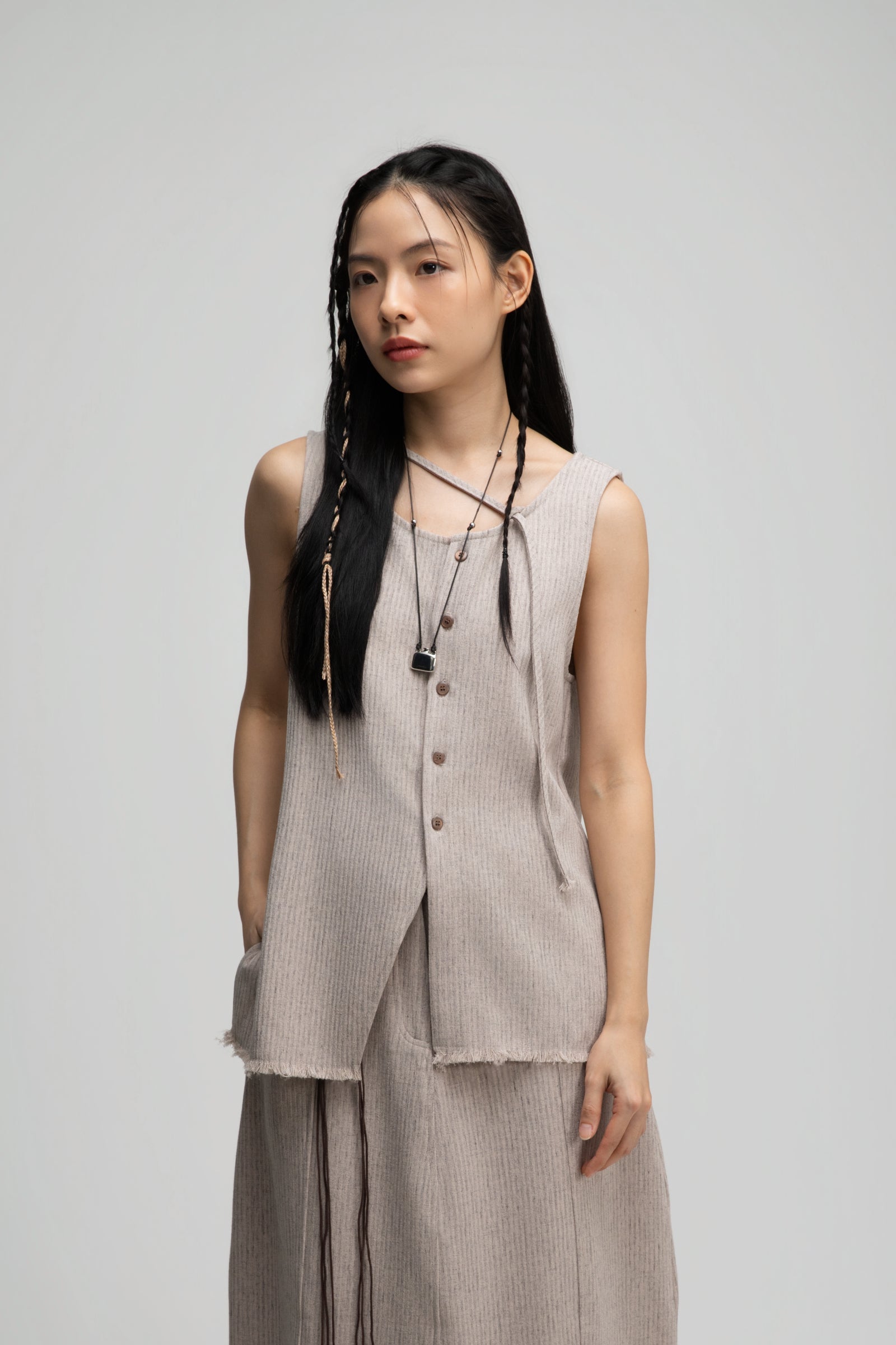 Raw Hem Skewed Button-Up Tank Top (Dark Beige)