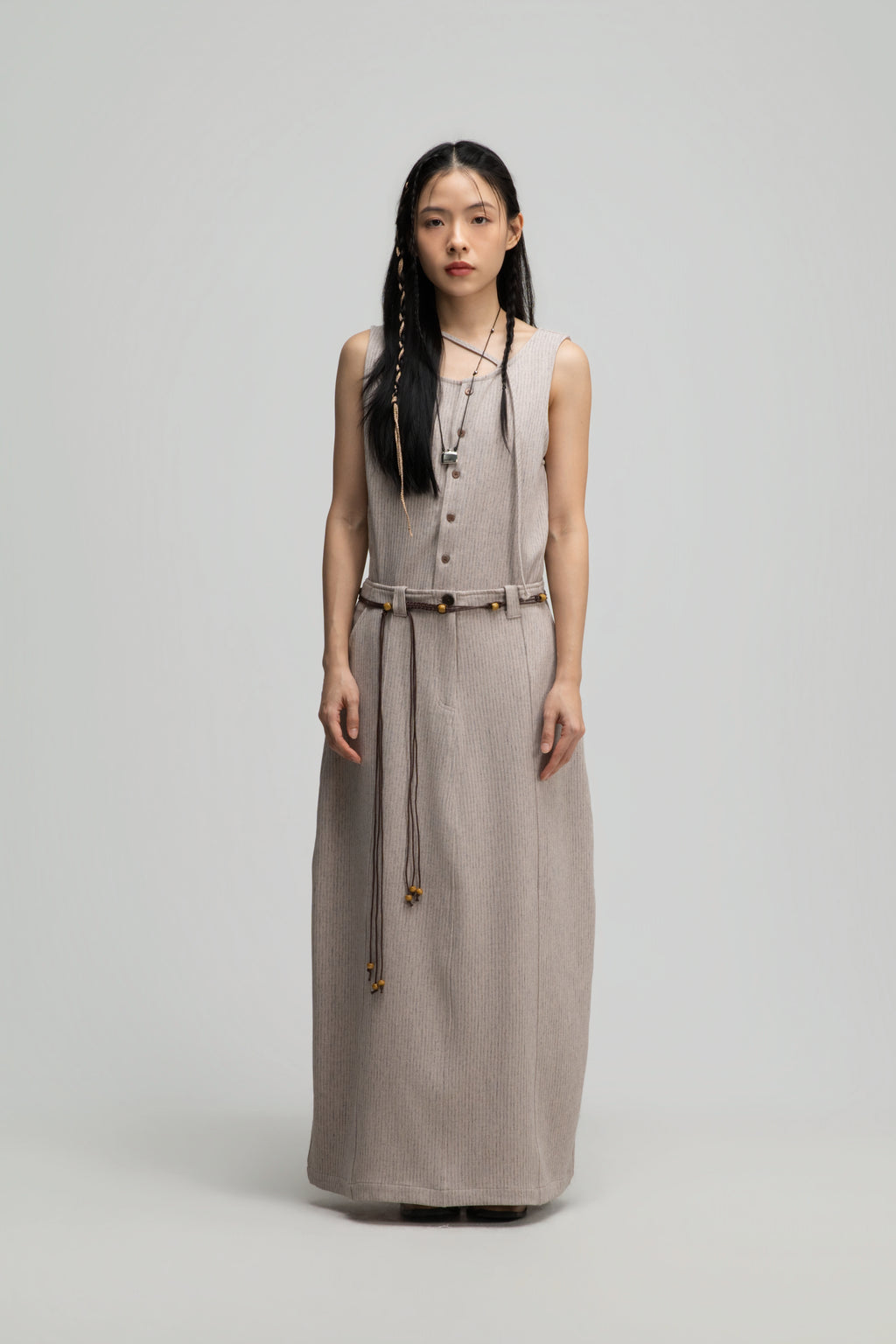 Curved Leg Skirt w/ Beaded Belt (Dark Beige)