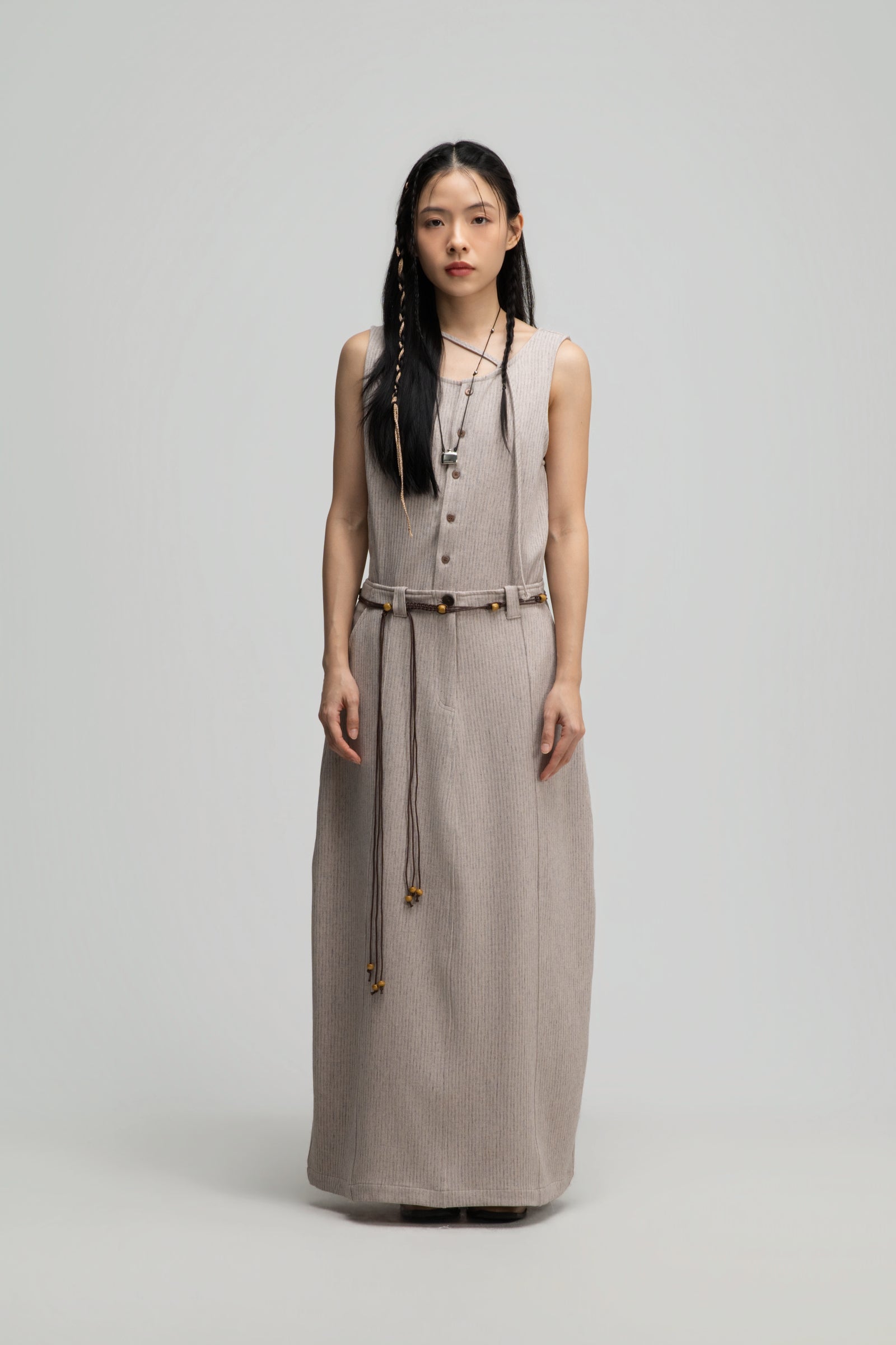 Curved Leg Skirt w/ Beaded Belt (Dark Beige)