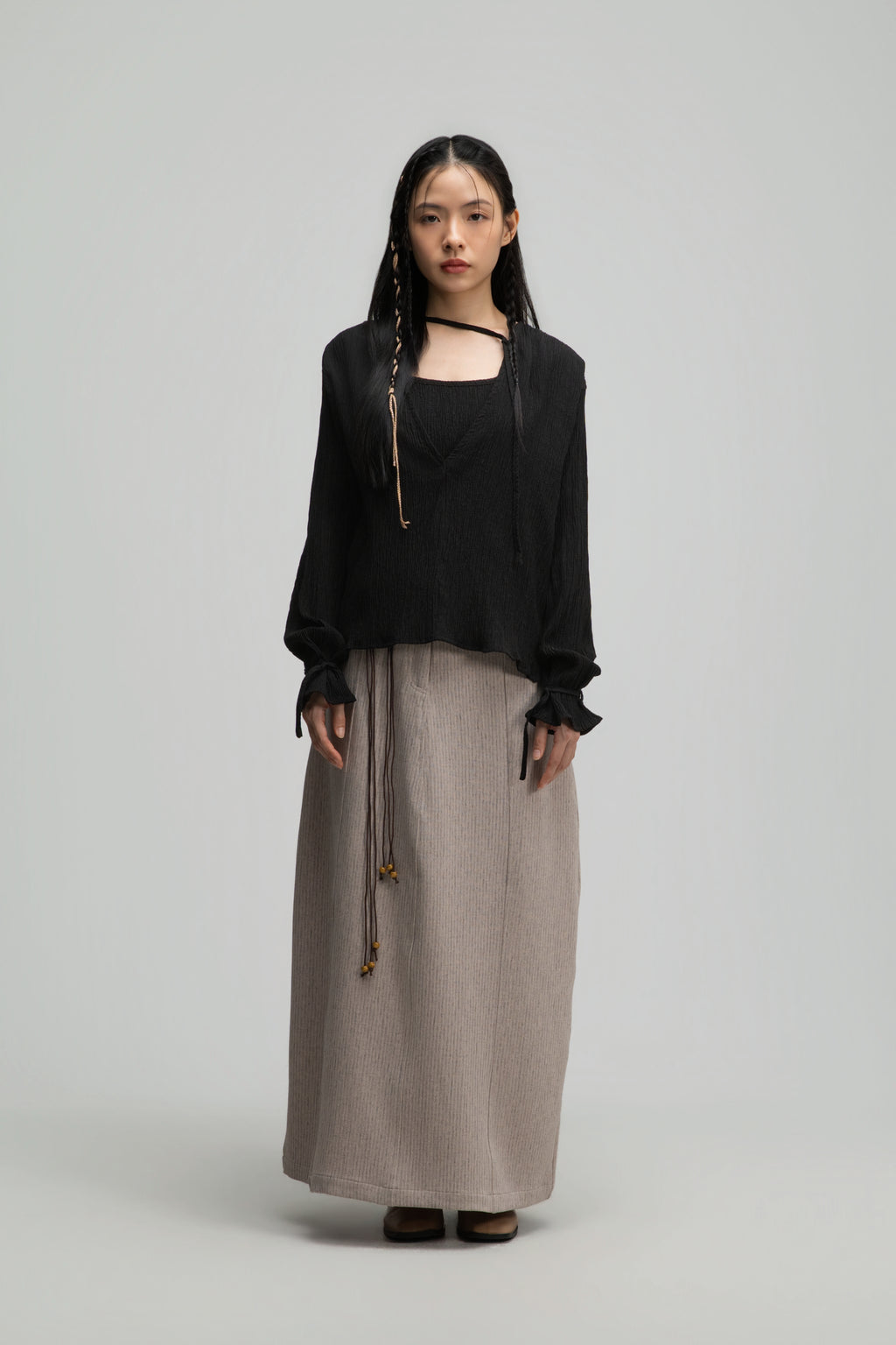 Deep V-Neck Blouse + Cami Top Set (Black)