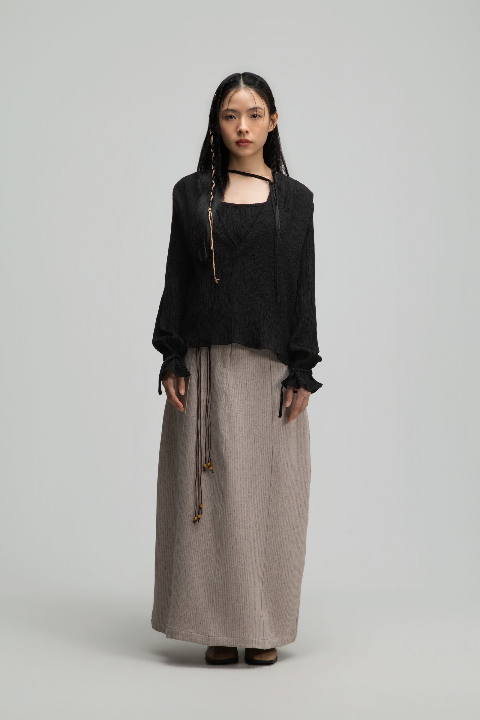 Deep V-Neck Blouse + Cami Top Set (Black)