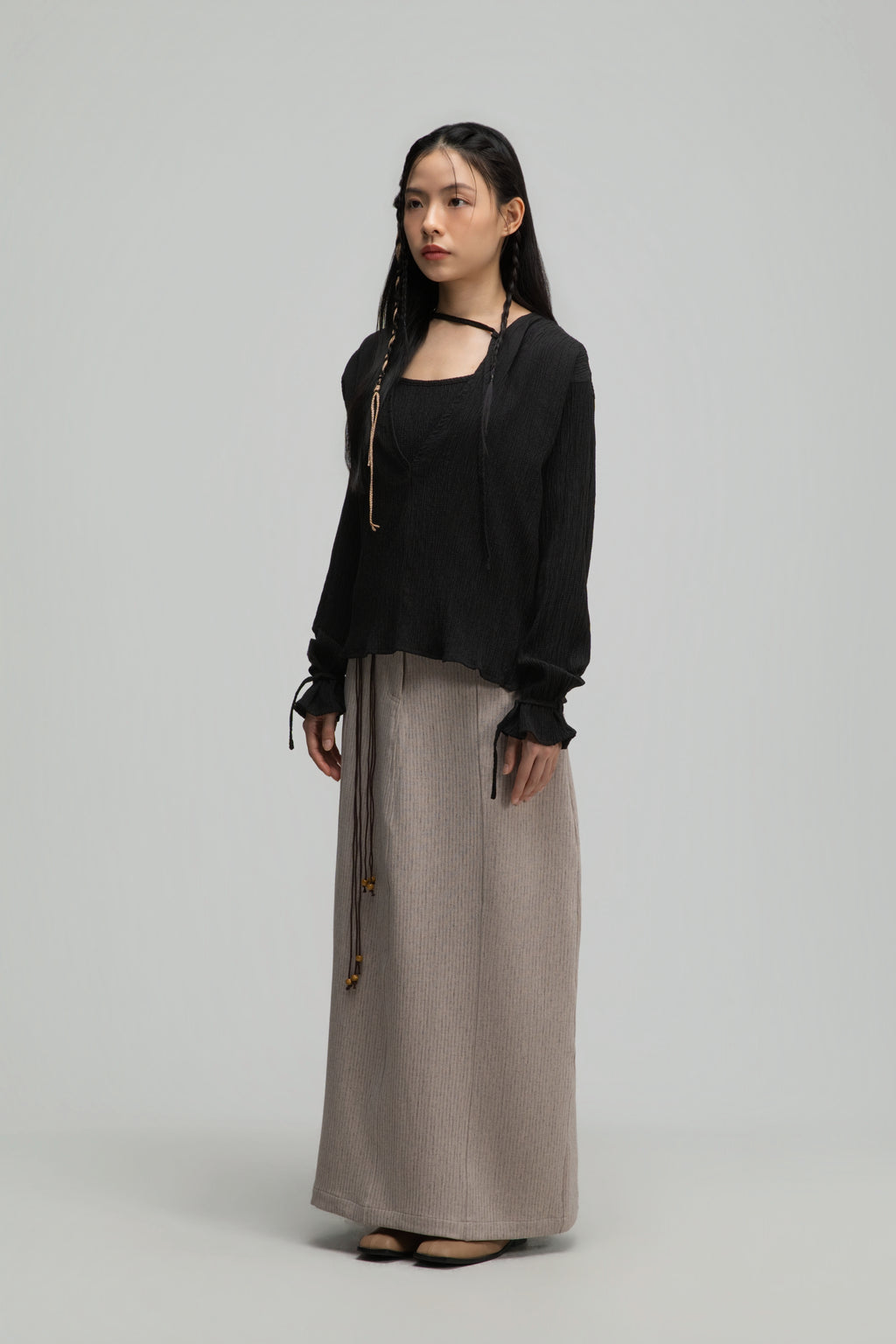 Deep V-Neck Blouse + Cami Top Set (Black)