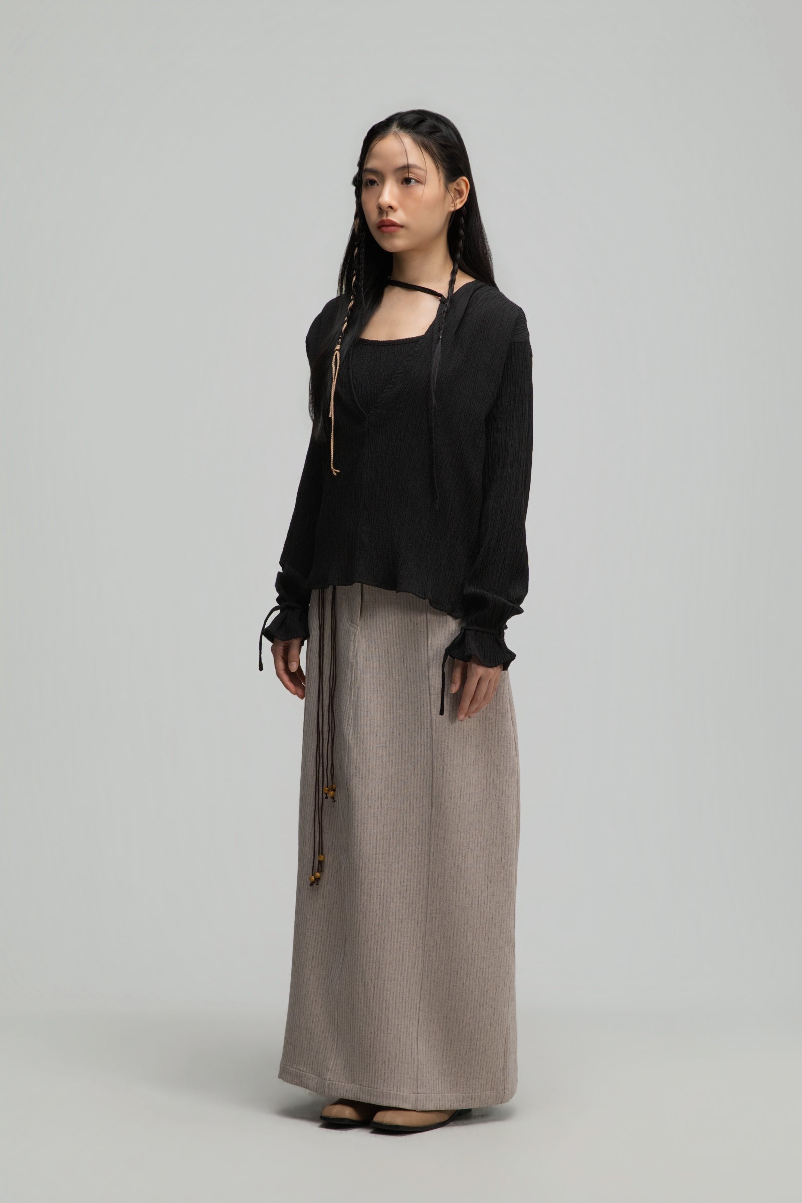 Deep V-Neck Blouse + Cami Top Set (Black)
