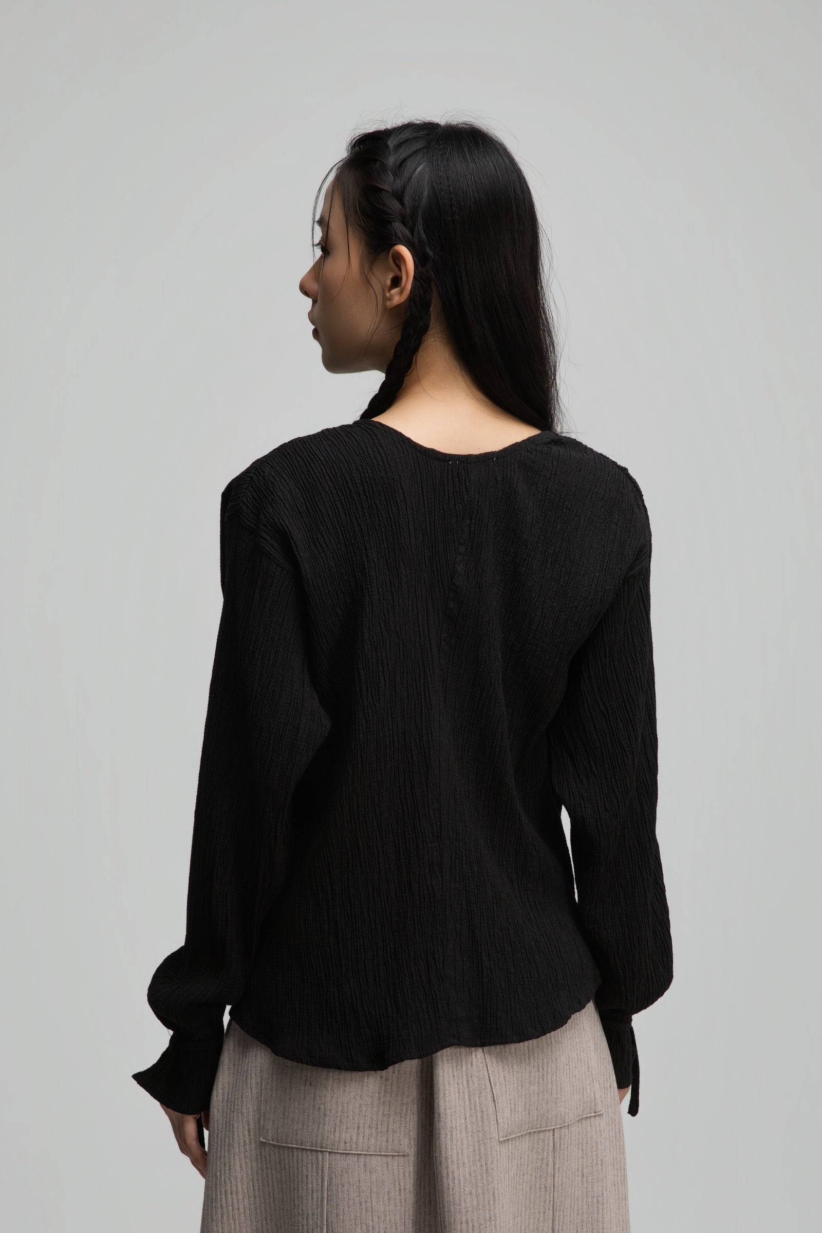 Deep V-Neck Blouse + Cami Top Set (Black)