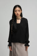 Deep V-Neck Blouse + Cami Top Set (Black)