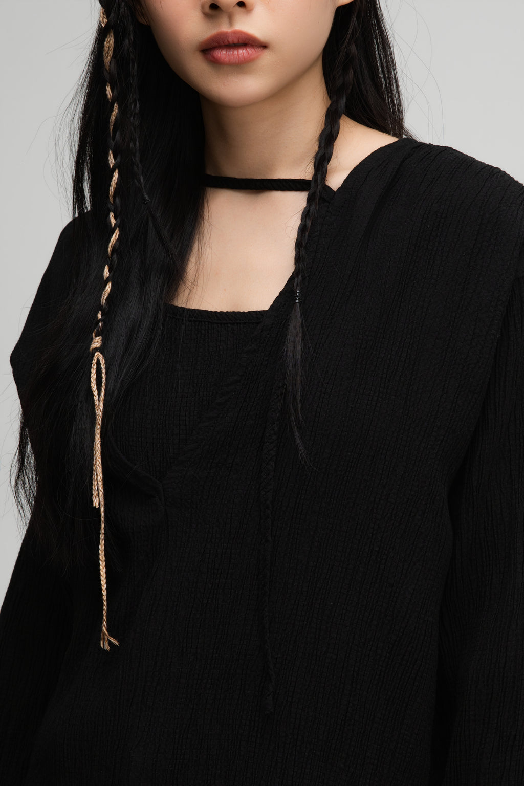 Deep V-Neck Blouse + Cami Top Set (Black)