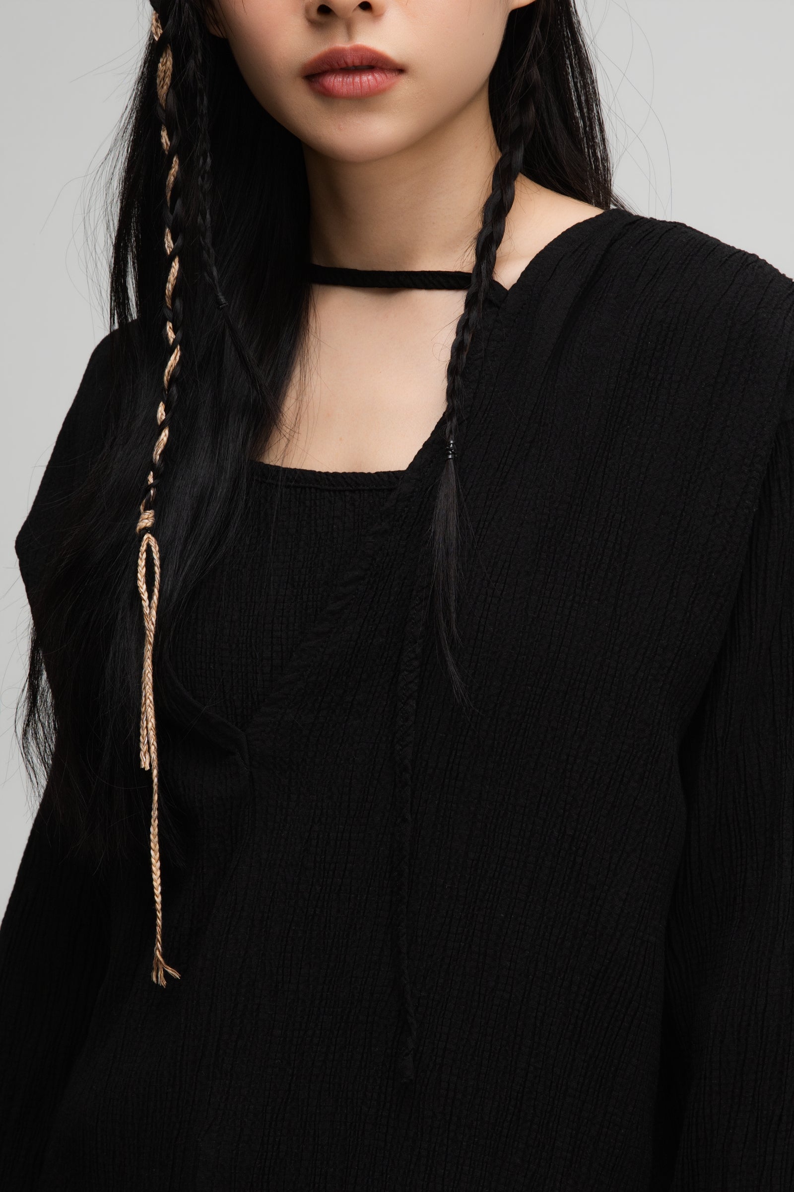 Deep V-Neck Blouse + Cami Top Set (Black)