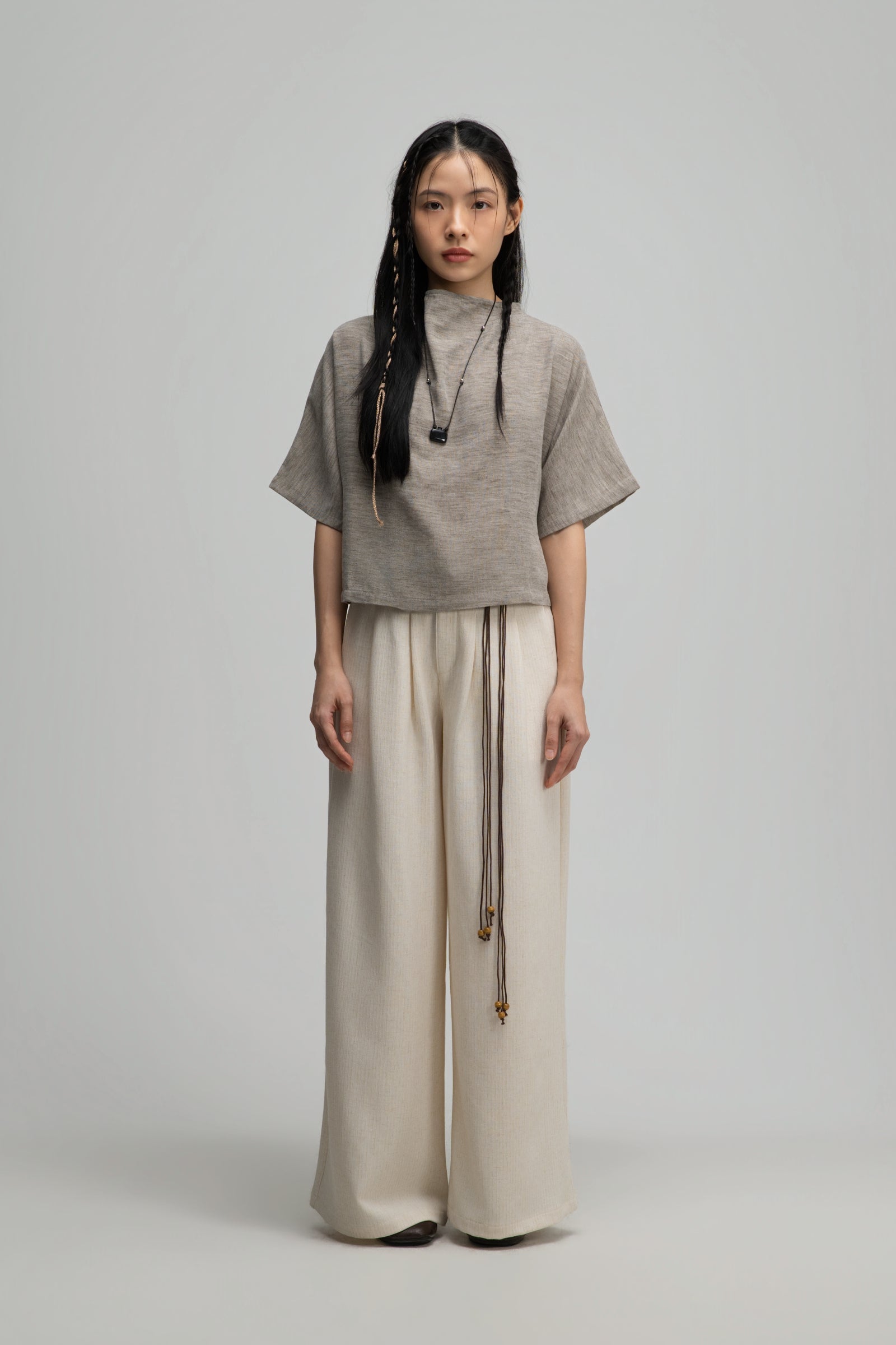 Straight Wide Trousers w/ Beaded Belt (Off White)