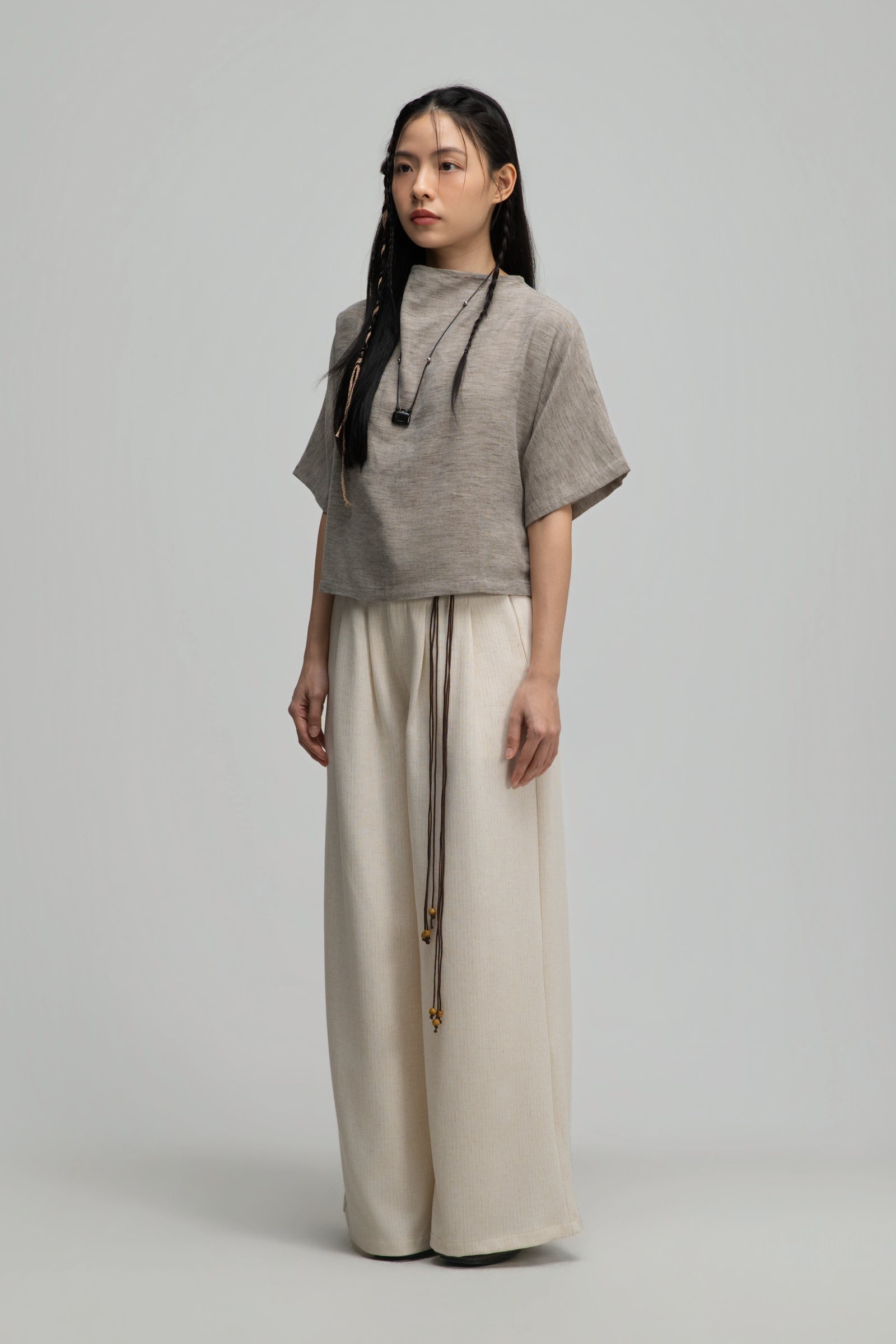 Semi High Neck Short Sleeve Crop Top (Dark Oat)