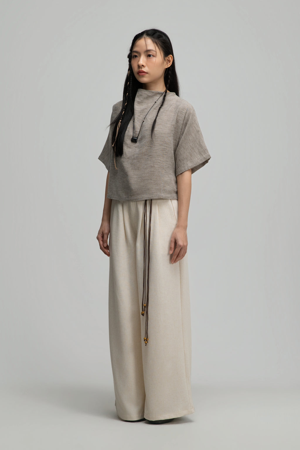Straight Wide Trousers w/ Beaded Belt (Off White)