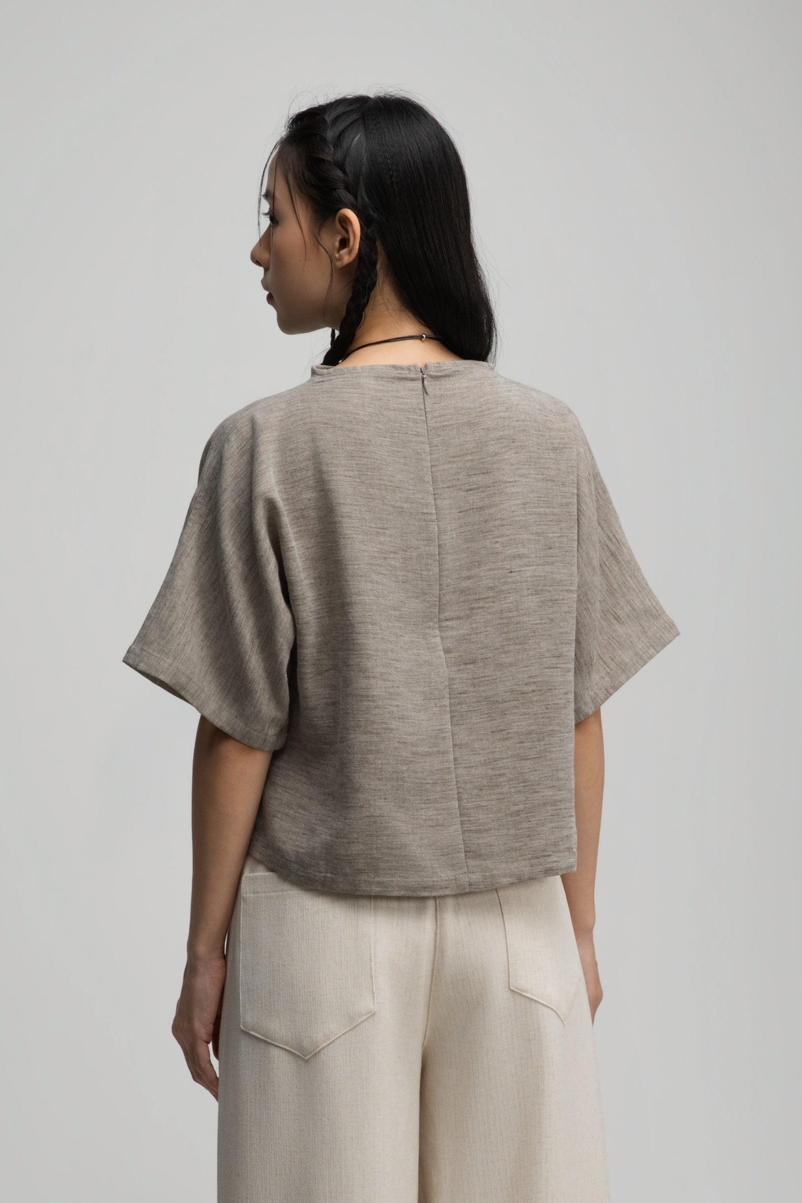 Semi High Neck Short Sleeve Crop Top (Dark Oat)