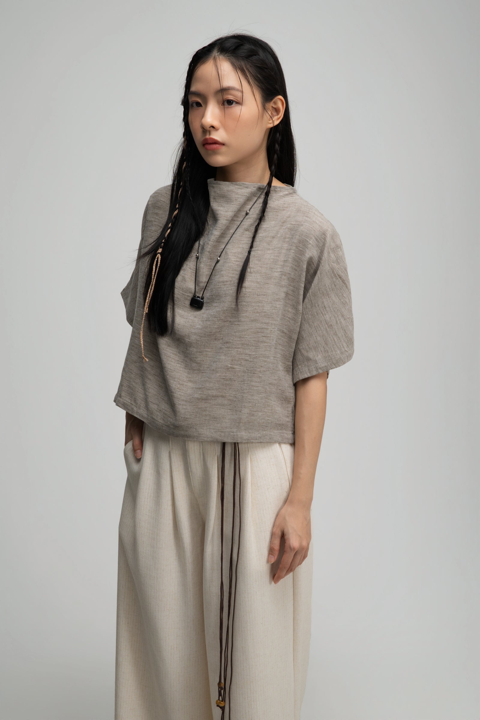 Semi High Neck Short Sleeve Crop Top (Dark Oat)