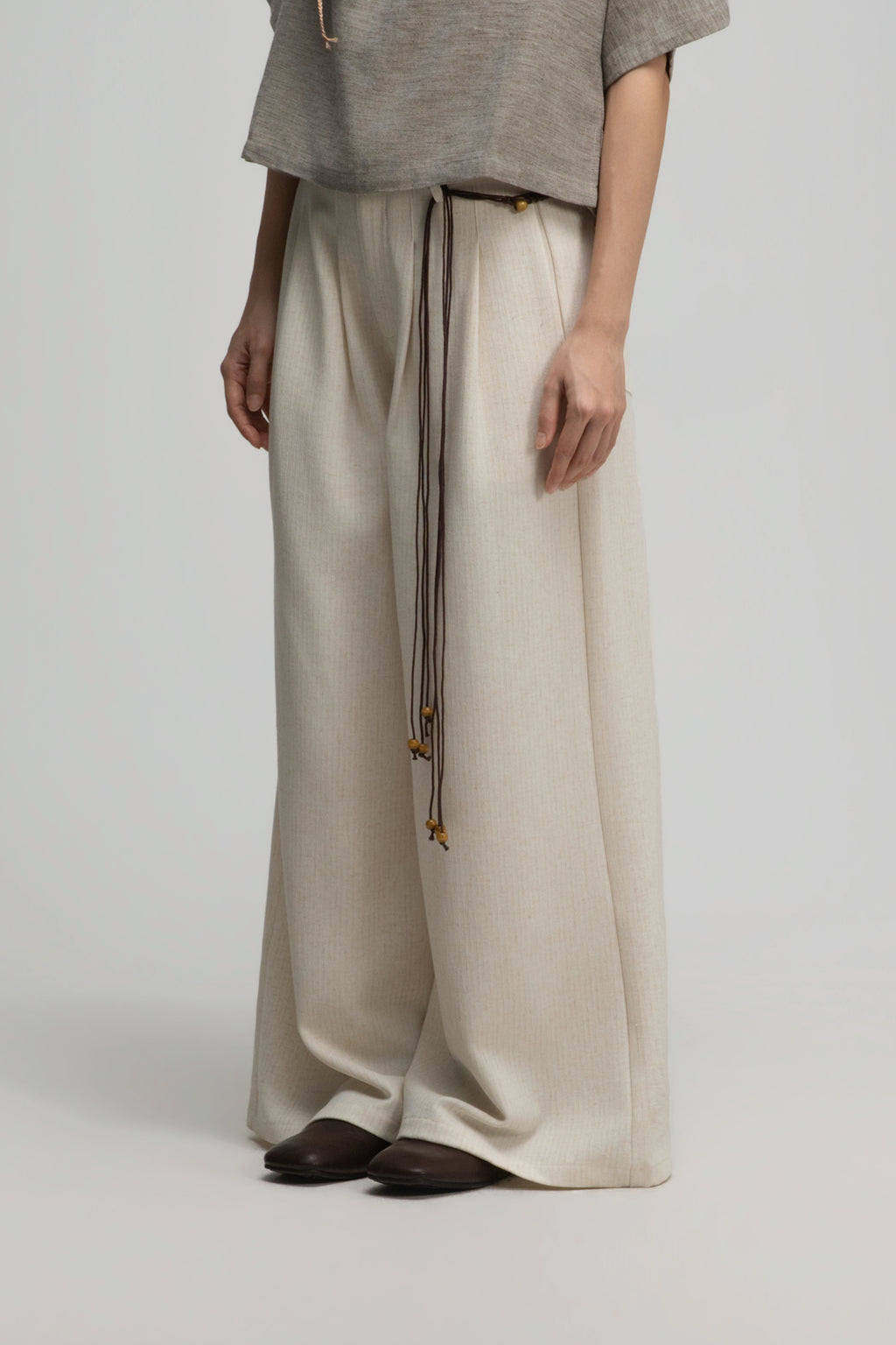 Straight Wide Trousers w/ Beaded Belt (Off White)