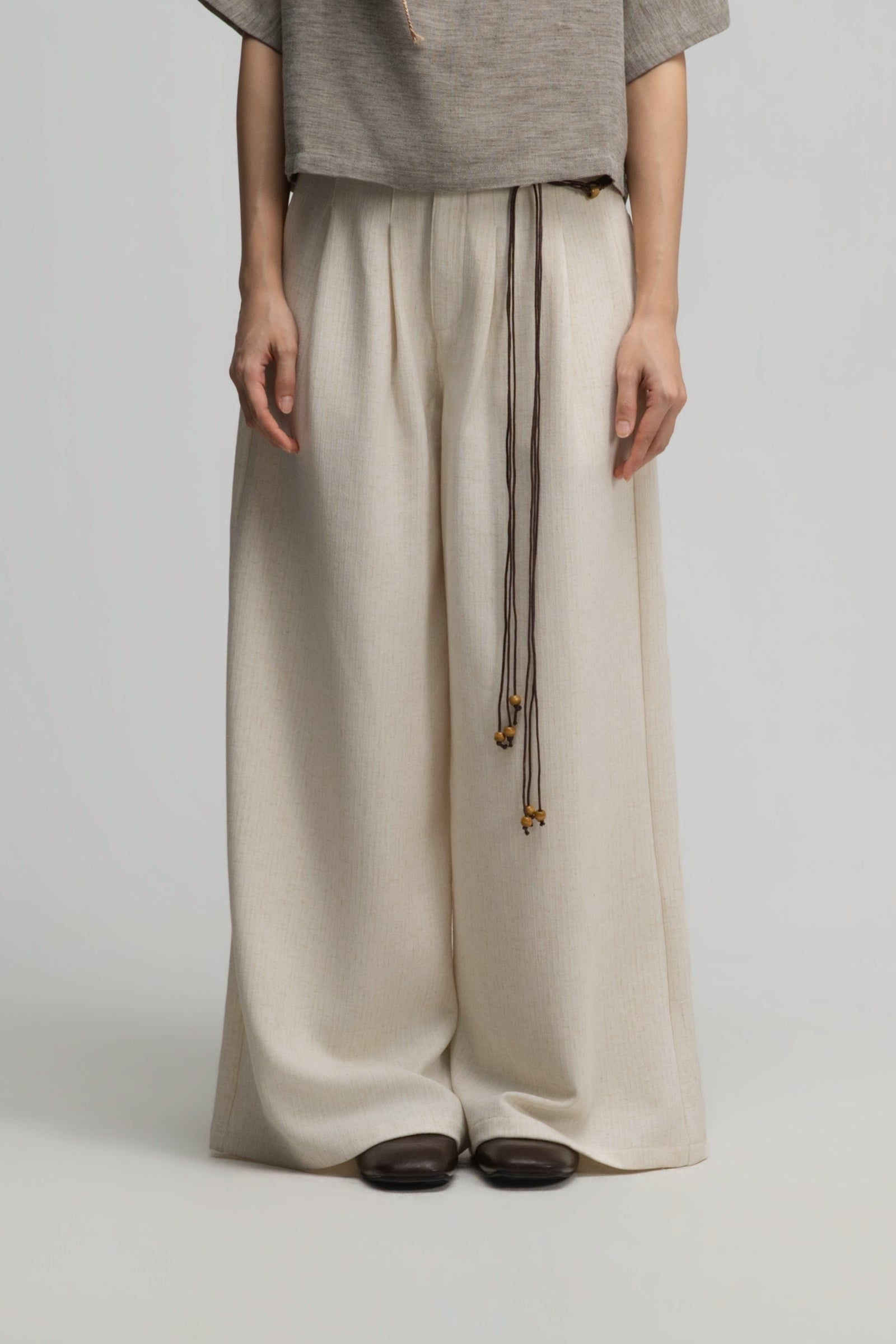 Straight Wide Trousers w/ Beaded Belt (Off White)
