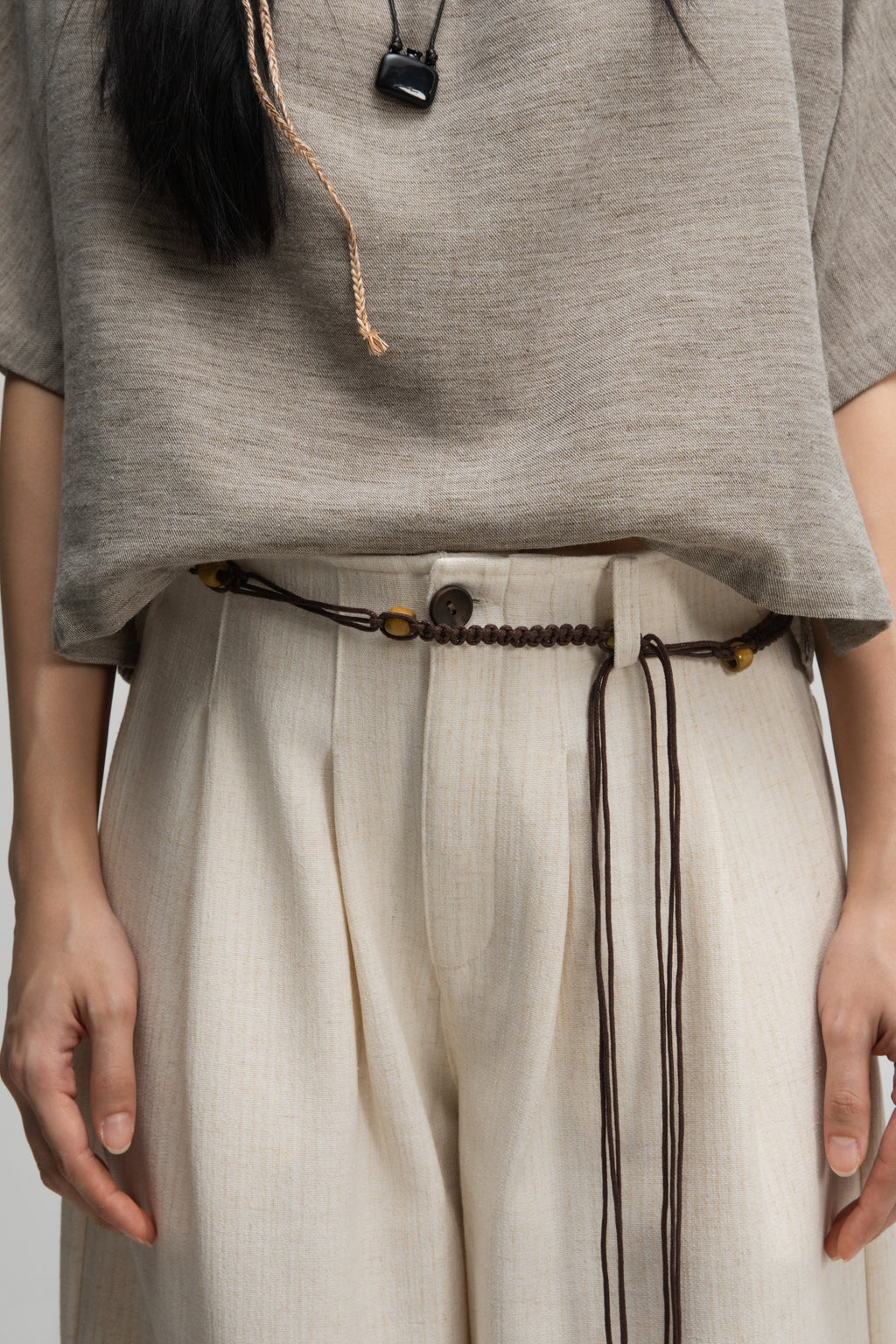 Straight Wide Trousers w/ Beaded Belt (Off White)
