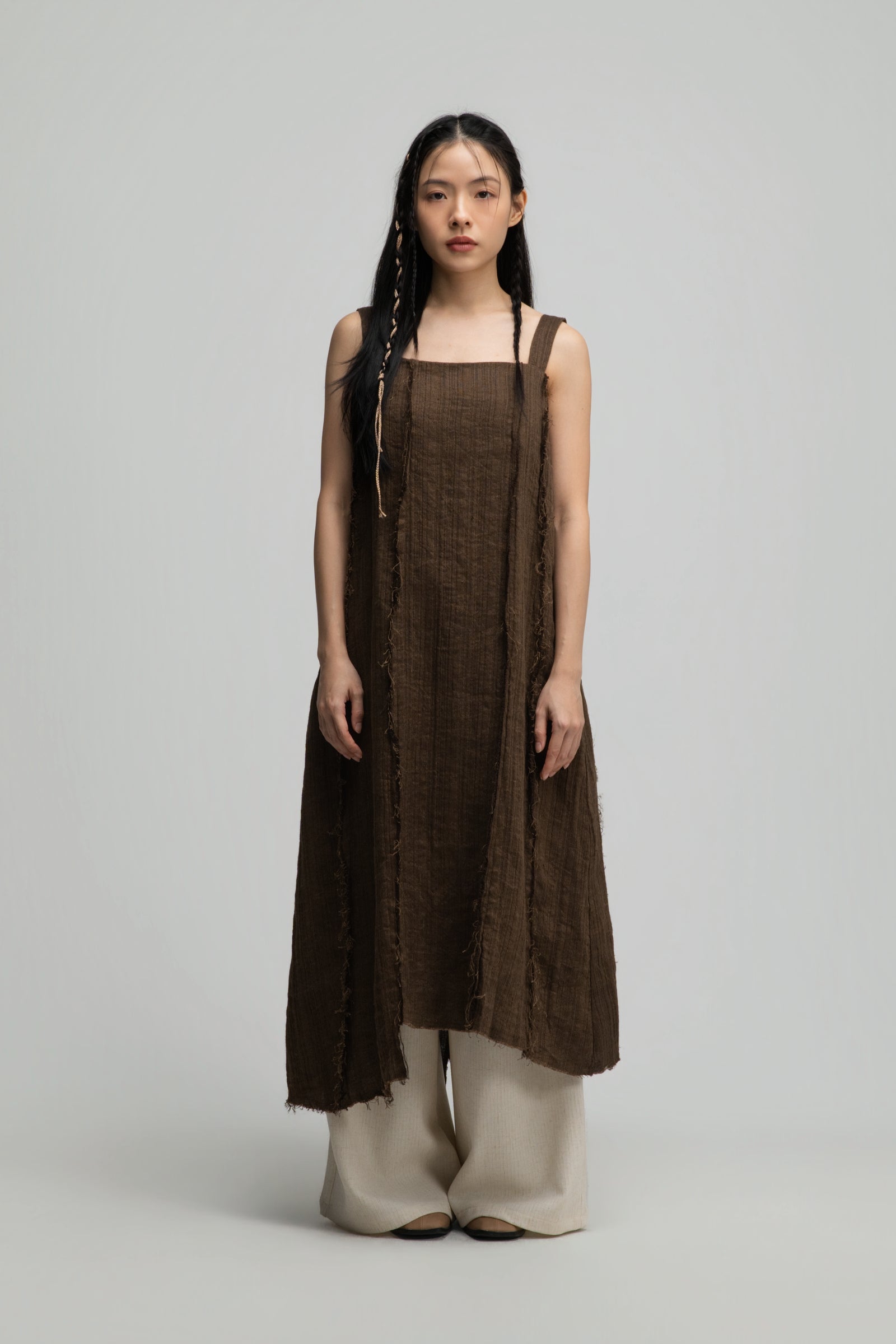 Square Neck Raw Hem Cami Dress (Brown)