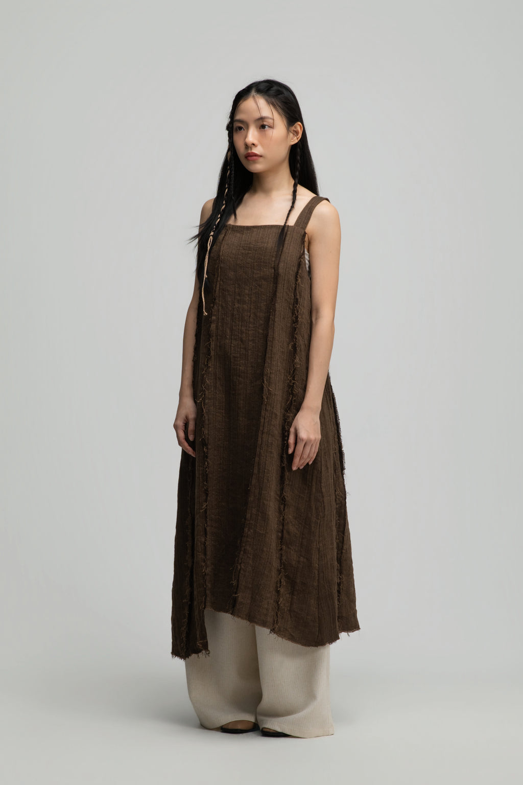 Square Neck Raw Hem Cami Dress (Brown)