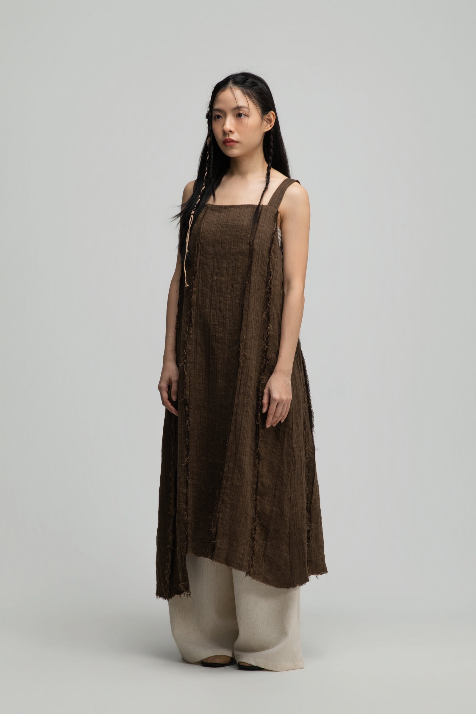 Square Neck Raw Hem Cami Dress (Brown)