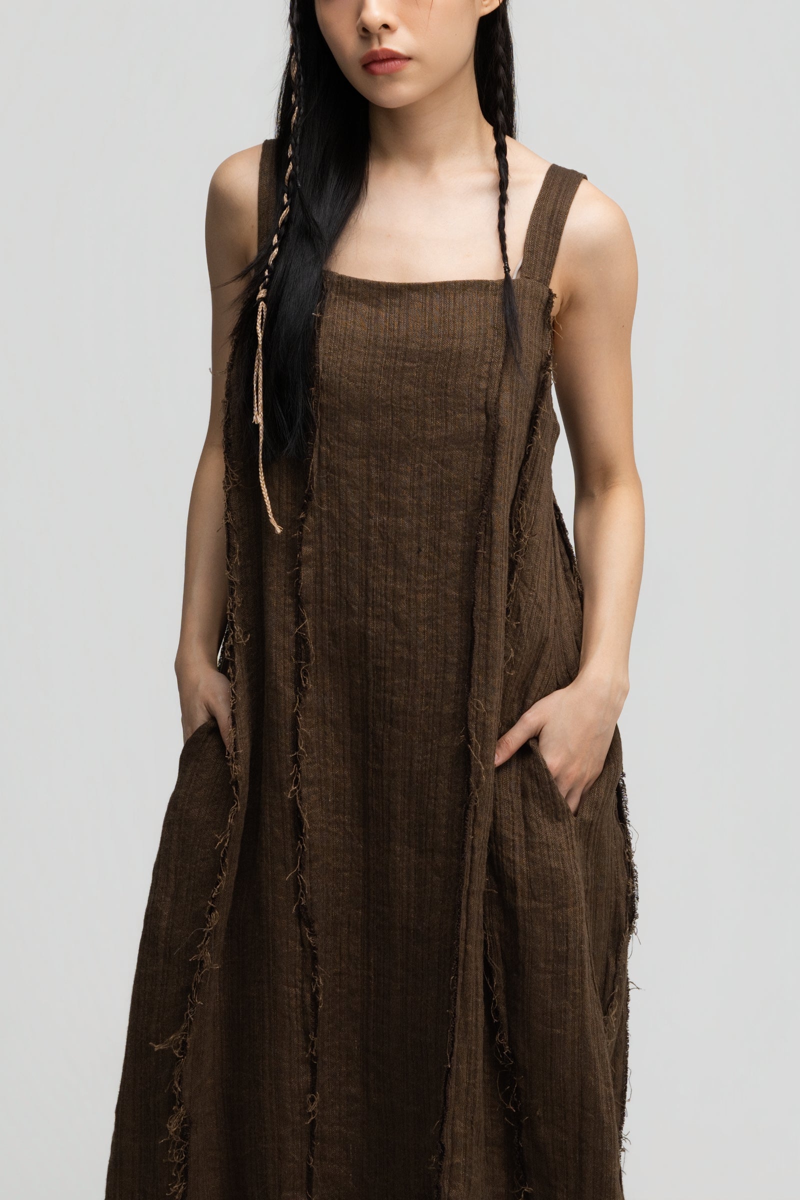 Square Neck Raw Hem Cami Dress (Brown)