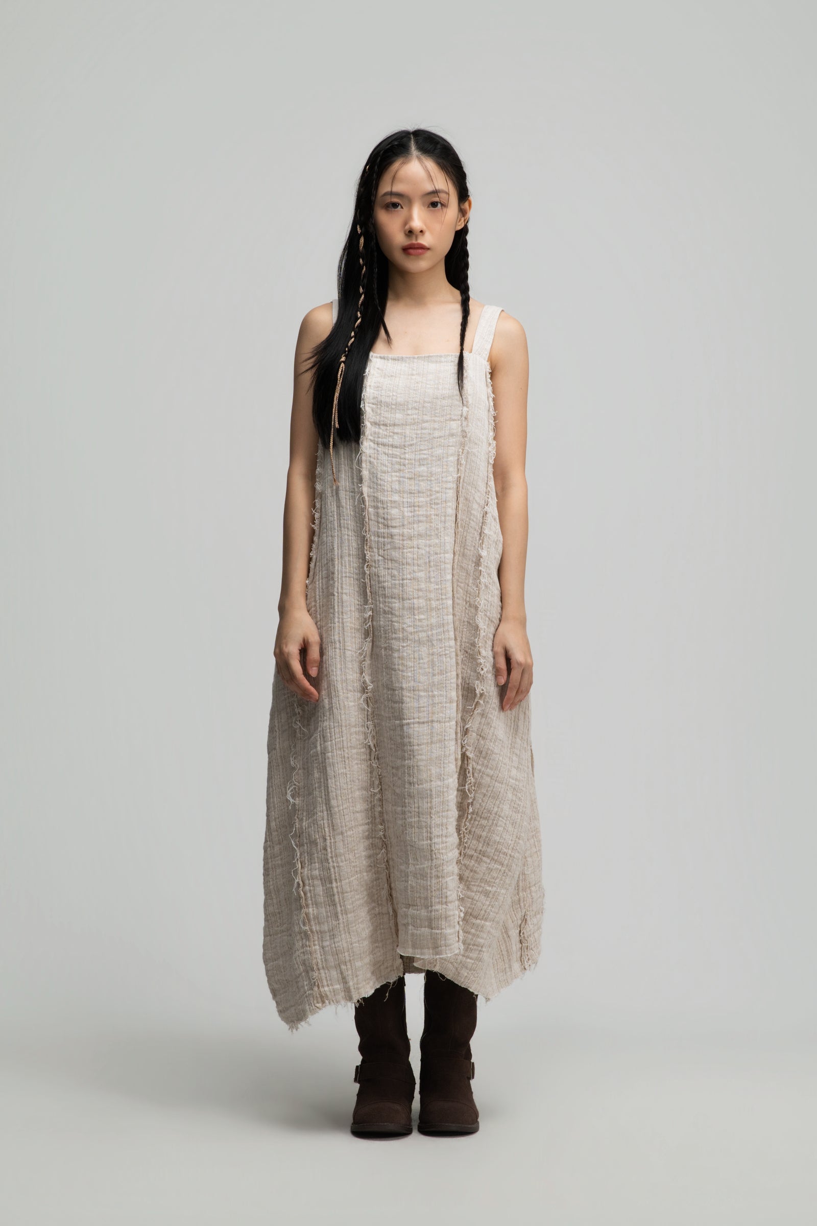 Square Neck Raw Hem Cami Dress (Beige)