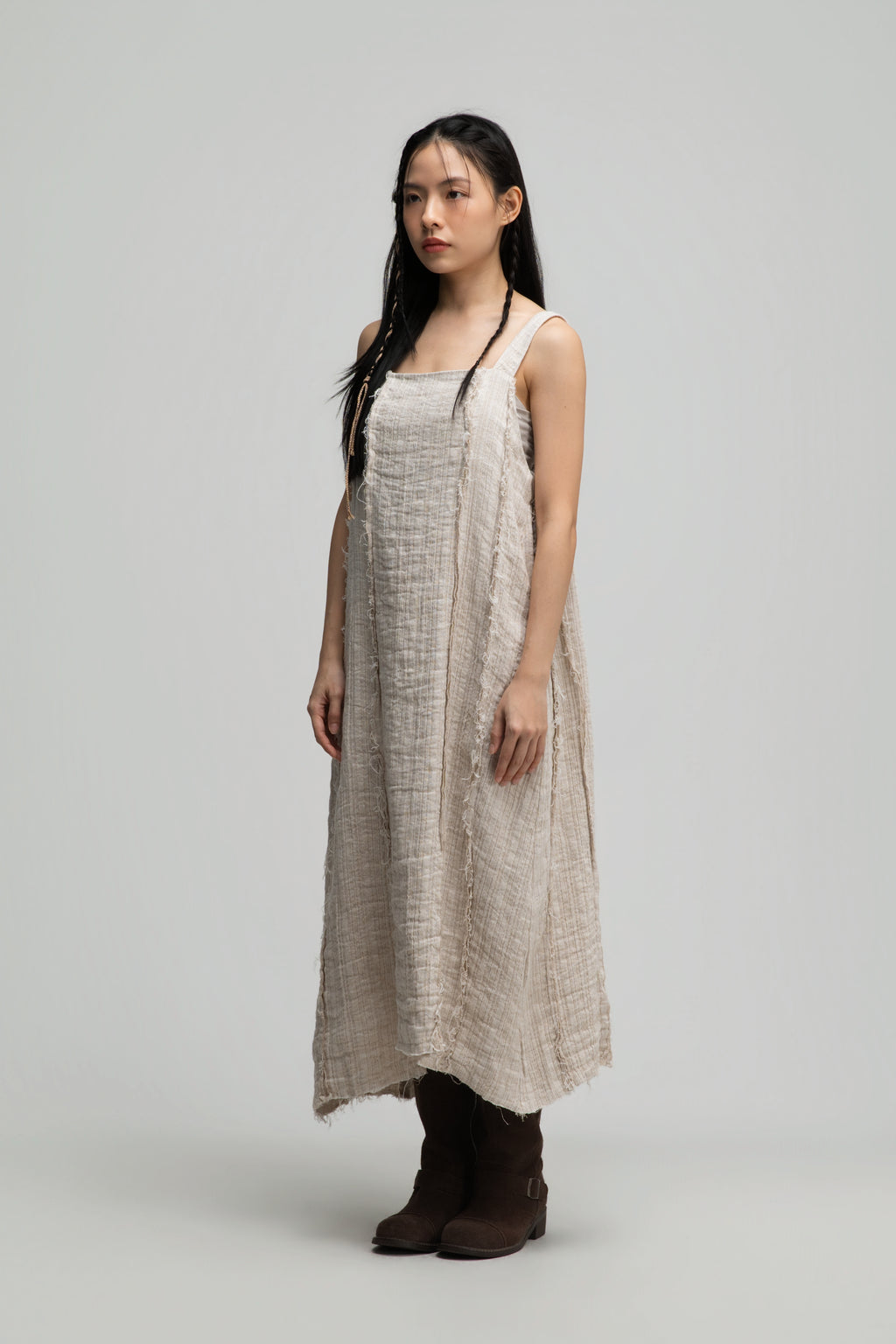 Square Neck Raw Hem Cami Dress (Beige)