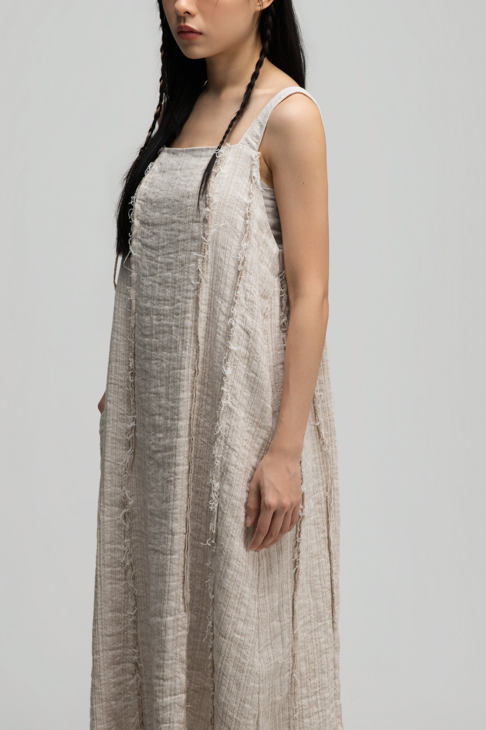 Square Neck Raw Hem Cami Dress (Beige)