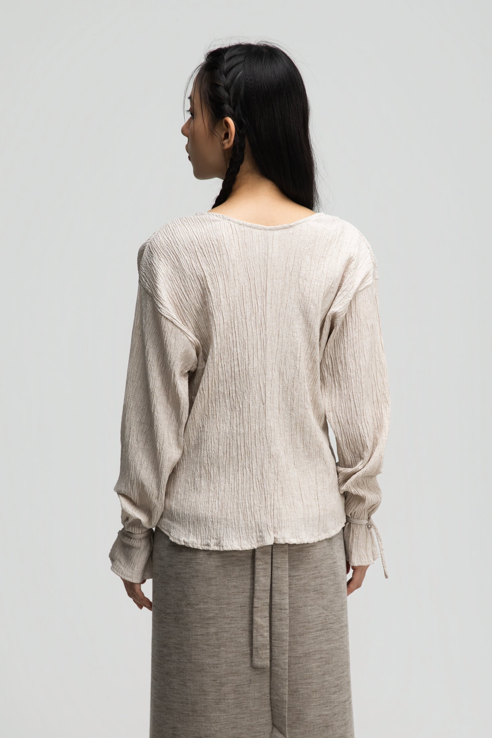 Deep V-Neck Blouse + Cami Top Set (Beige)