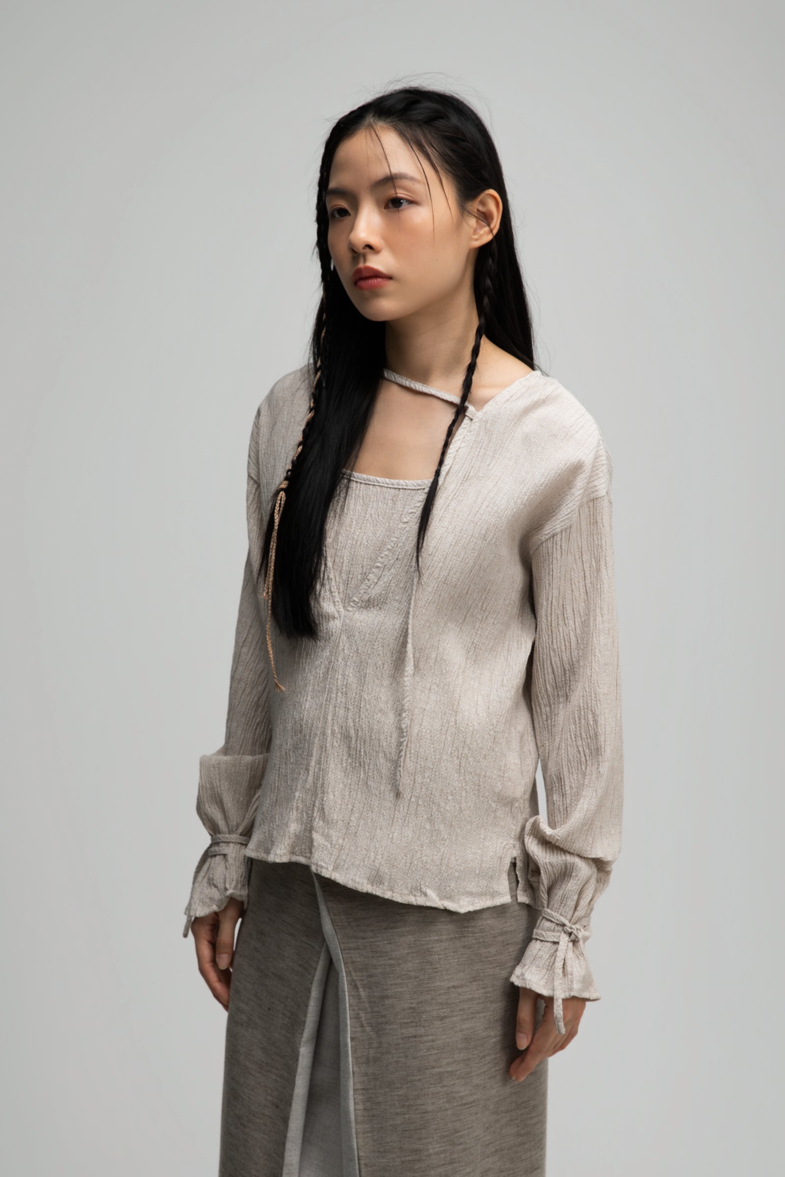 Deep V-Neck Blouse + Cami Top Set (Beige)