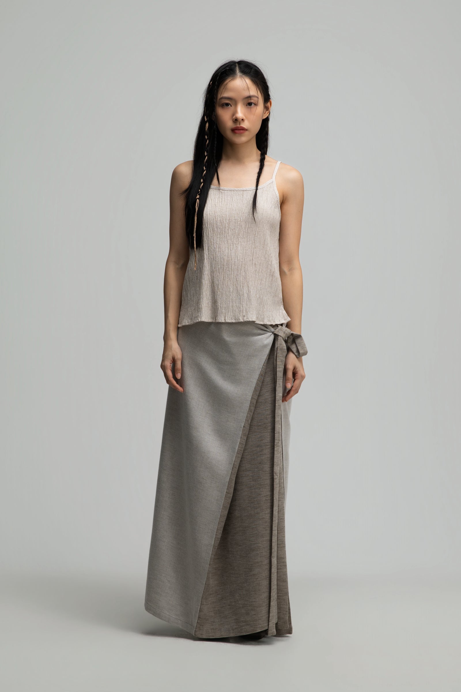 Deep V-Neck Blouse + Cami Top Set (Beige)