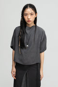 Semi High Neck Short Sleeve Crop Top (Midnight Grey)